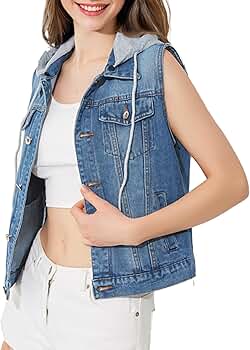 MUUYEE Women's Y2K Hooded Button Down Denim Vest 4 Pockets