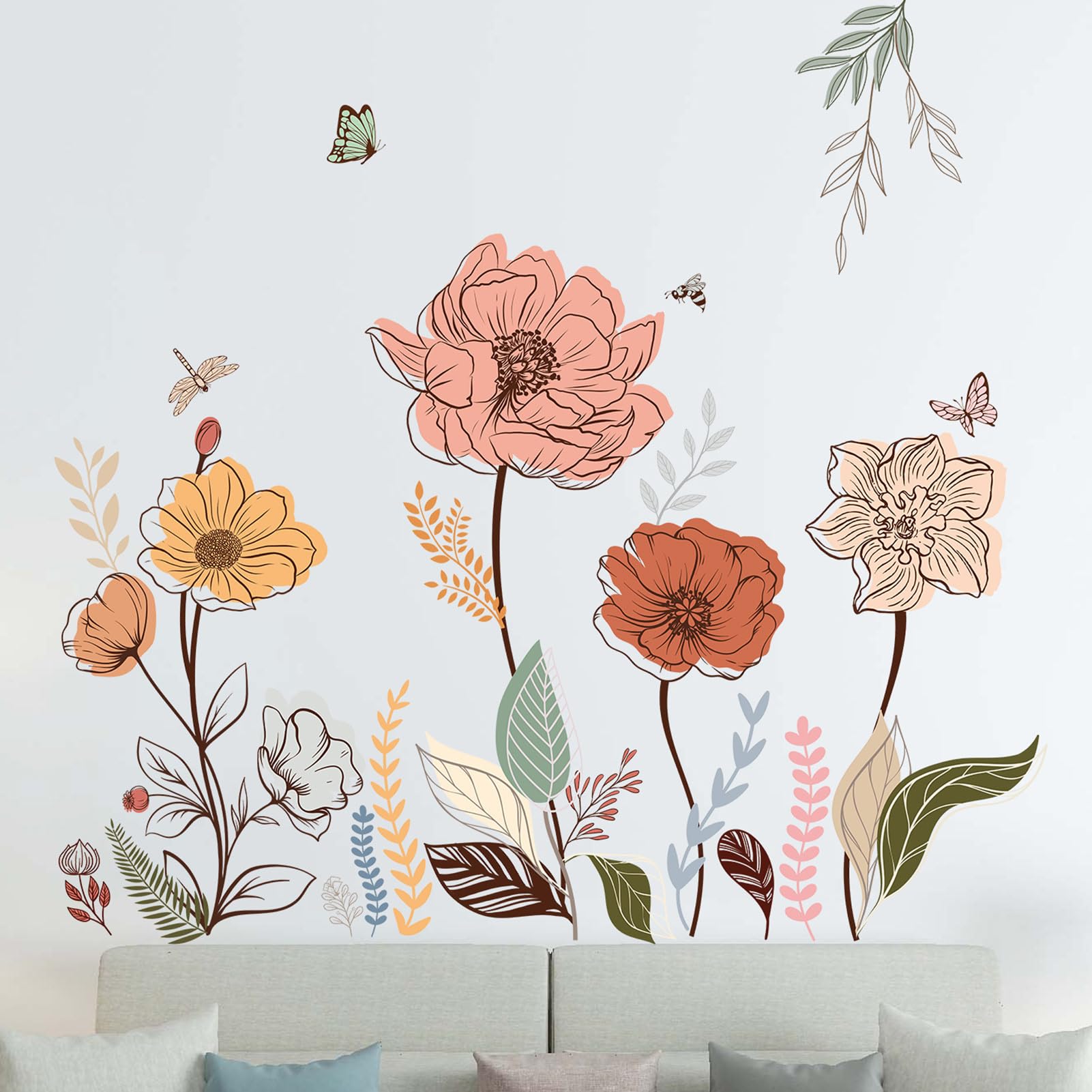Boho Flower Wall Stickers for Bedroom: Peel and Stick Wildflower Floral Butterfly Wall Stickers
