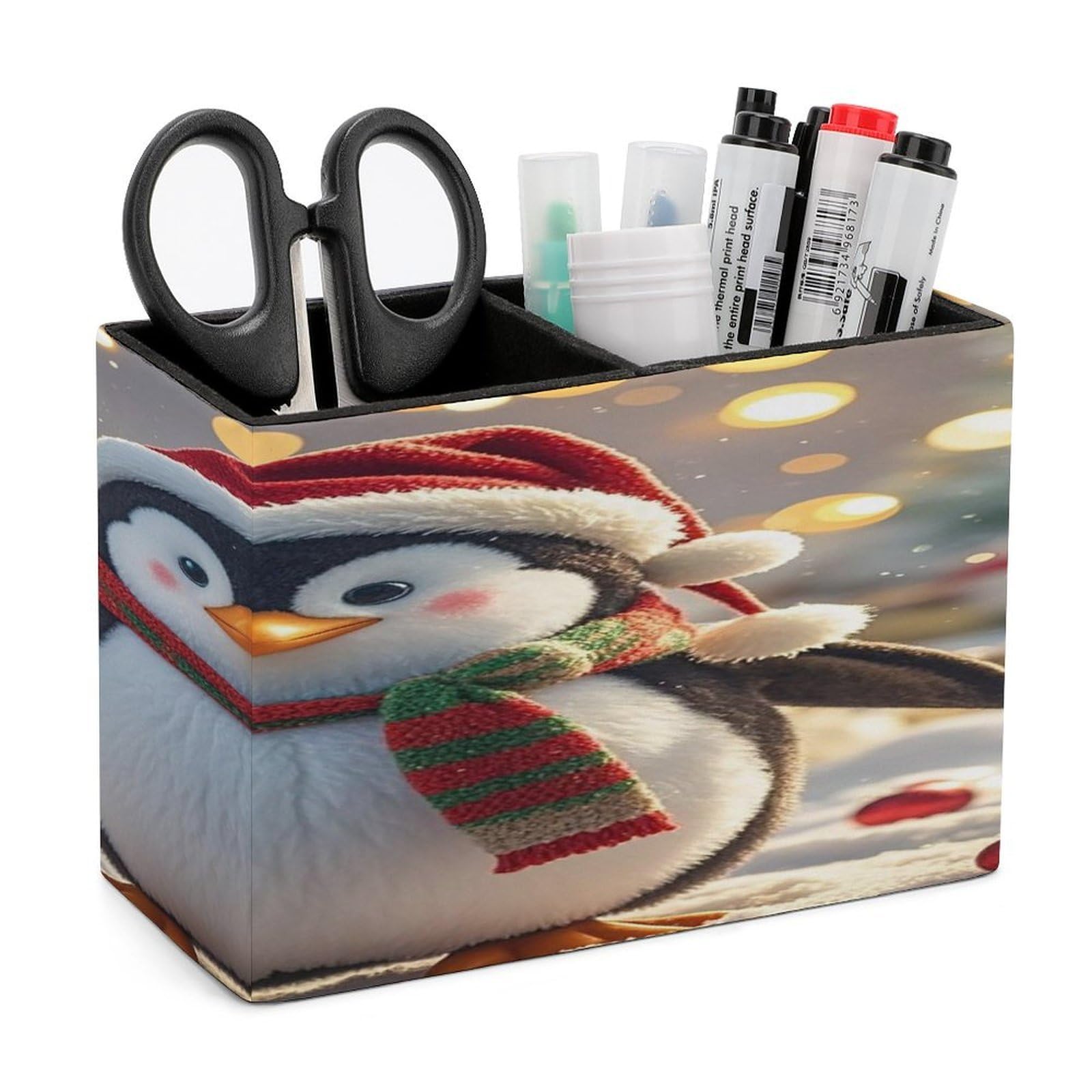 FekiLoot Christmas Funny Penguin Pen Holders for Desk Small Remote Control Holder Leather Pencil Cup with Double Compartments Desktop Organizer for Table Desk Office Space Saving