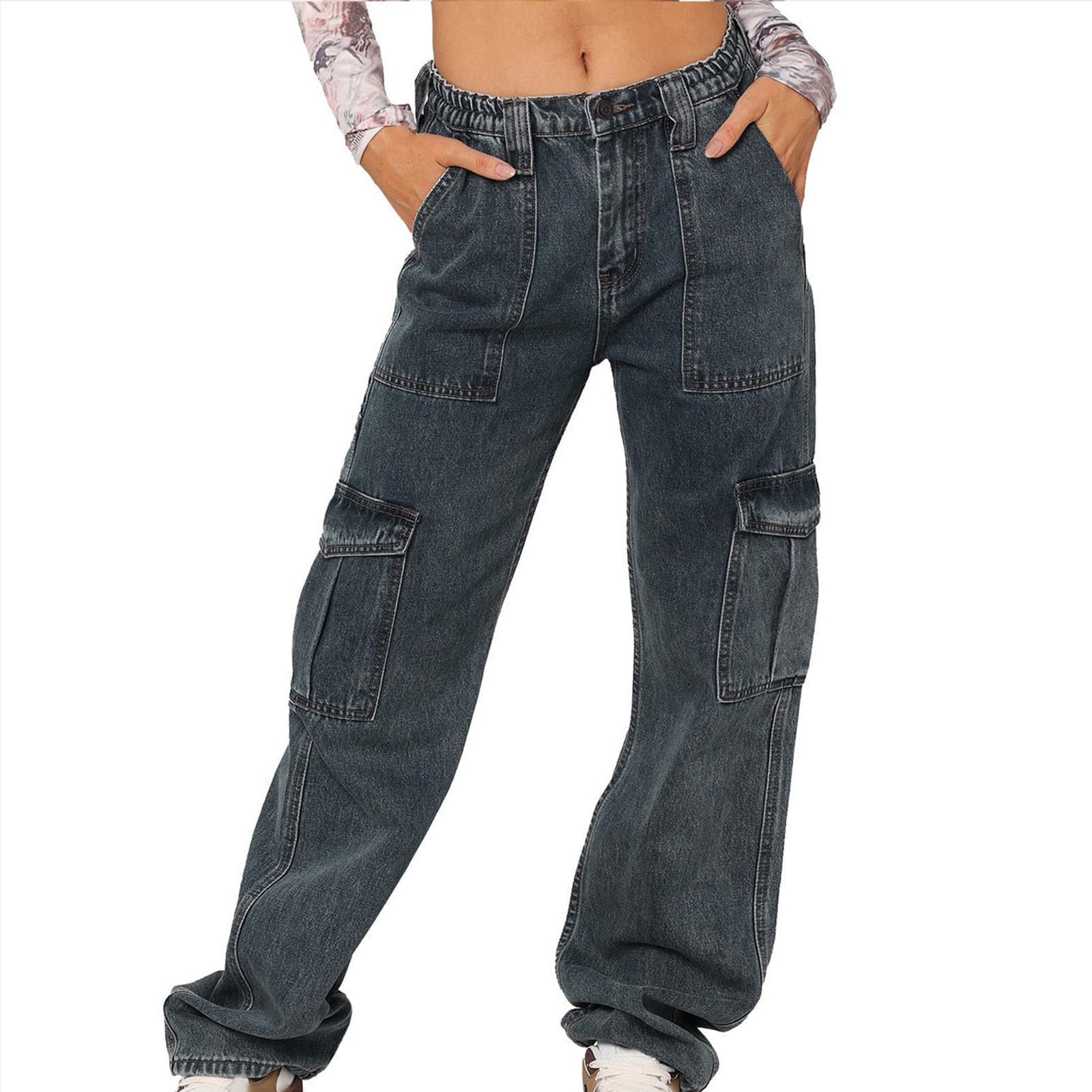 Damen Jeans Stretch Jeanshose Mit Hoher Taille Und Weitem Bein, Cargohose, Lange Hose Gerader Schnitt Gummibund Barrel Leg Mom Große Größen Flared Leggings Kurze Hüftjeans Extrem Tief