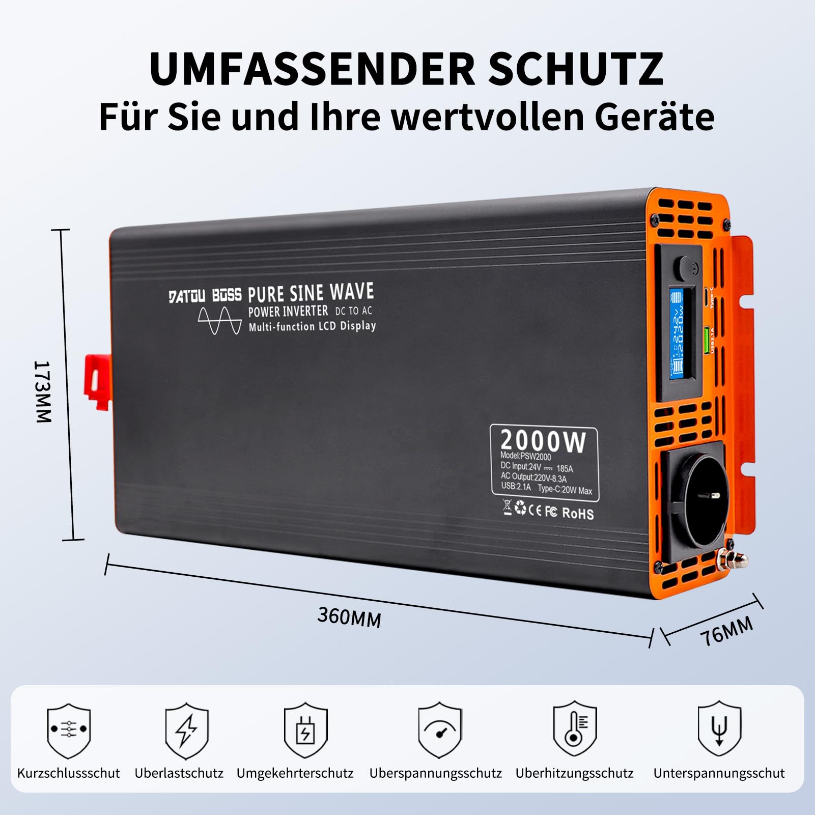 DATOUBOSS 2000W Reiner Sinus Wechselrichter 24V auf 230V (4000W Peak), Spannungswandler mit Funkfernbedienung, EU-Steckdose, USB-A & USB-C, LCD Display – für LKW Wohnmobil, Camping & Solar