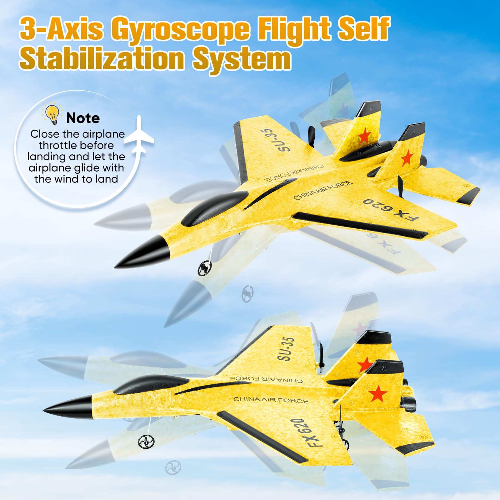 Aereo RC 2,4 GHz, Aereo Telecomandato con Giroscopio a 3 Assi, Aereo da Combattimento in Schiuma 2 Canali con 2 Batterie e Luci LED, Facile da Pilotare per Principianti Bambini Adulti, Giallo