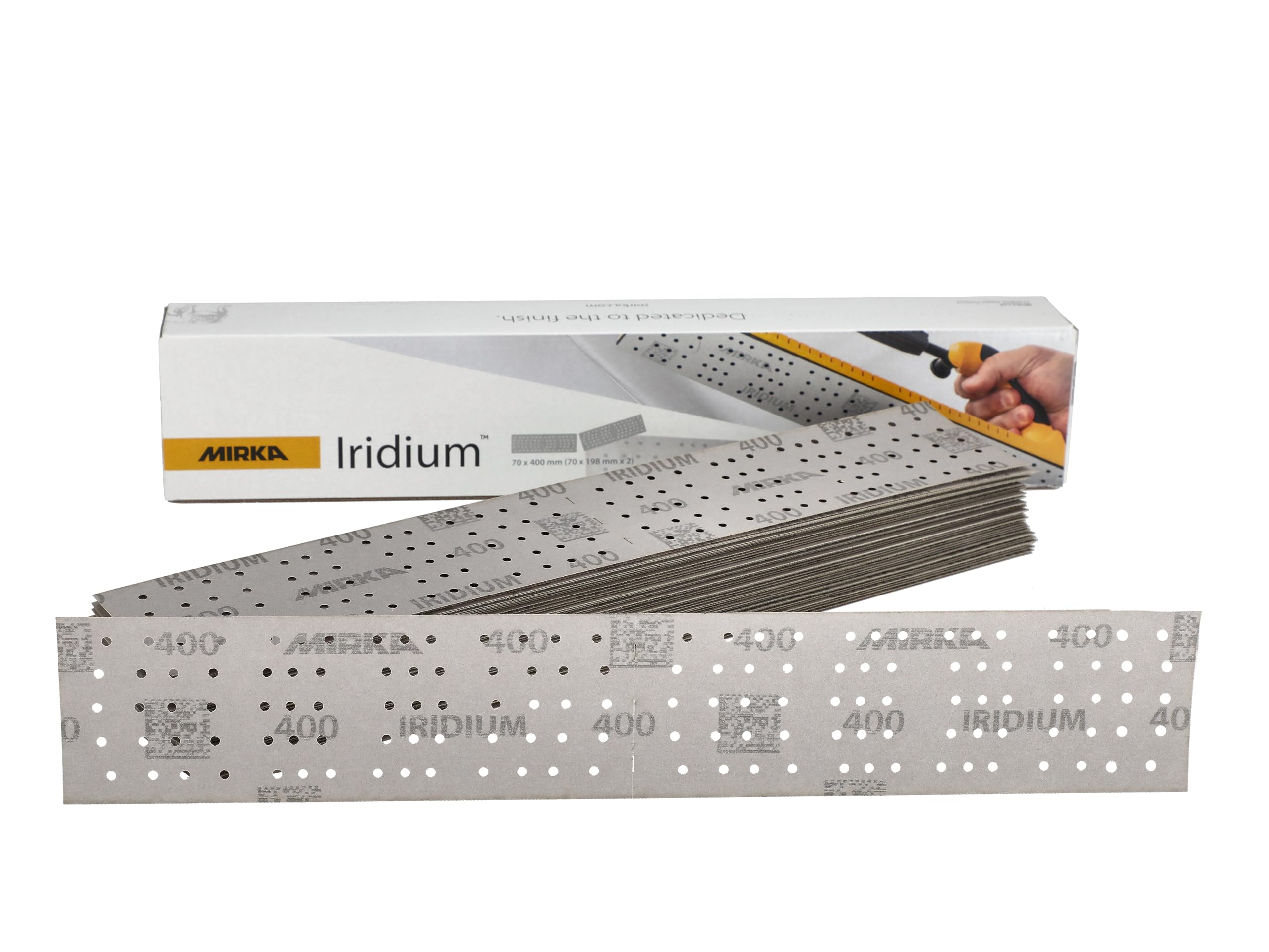 Mirka Iridium Premium Sandpaper 70x400mm and 70x198mm / Center perforated/Hook & loop/Grit 400, 50 pcs/For sanding paint, putty, primer, wood, steel, mineral materials, plastic.