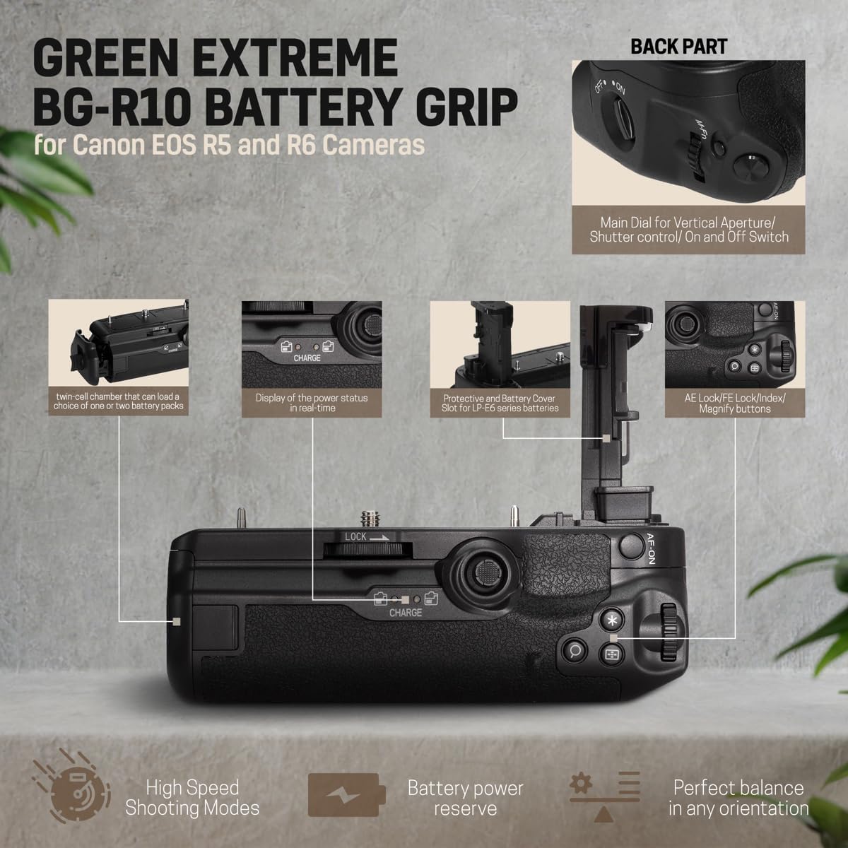 Green Extreme Battery Grip Replacement for BG-R10 Compatible with Canon EOS R5 R5C R6 R6 Mark II Mirrorless Cameras, Powered by LP-E6/LP-E6N/LP-E6NH/LP-E6P Batteries for Stable Vertical Shooting