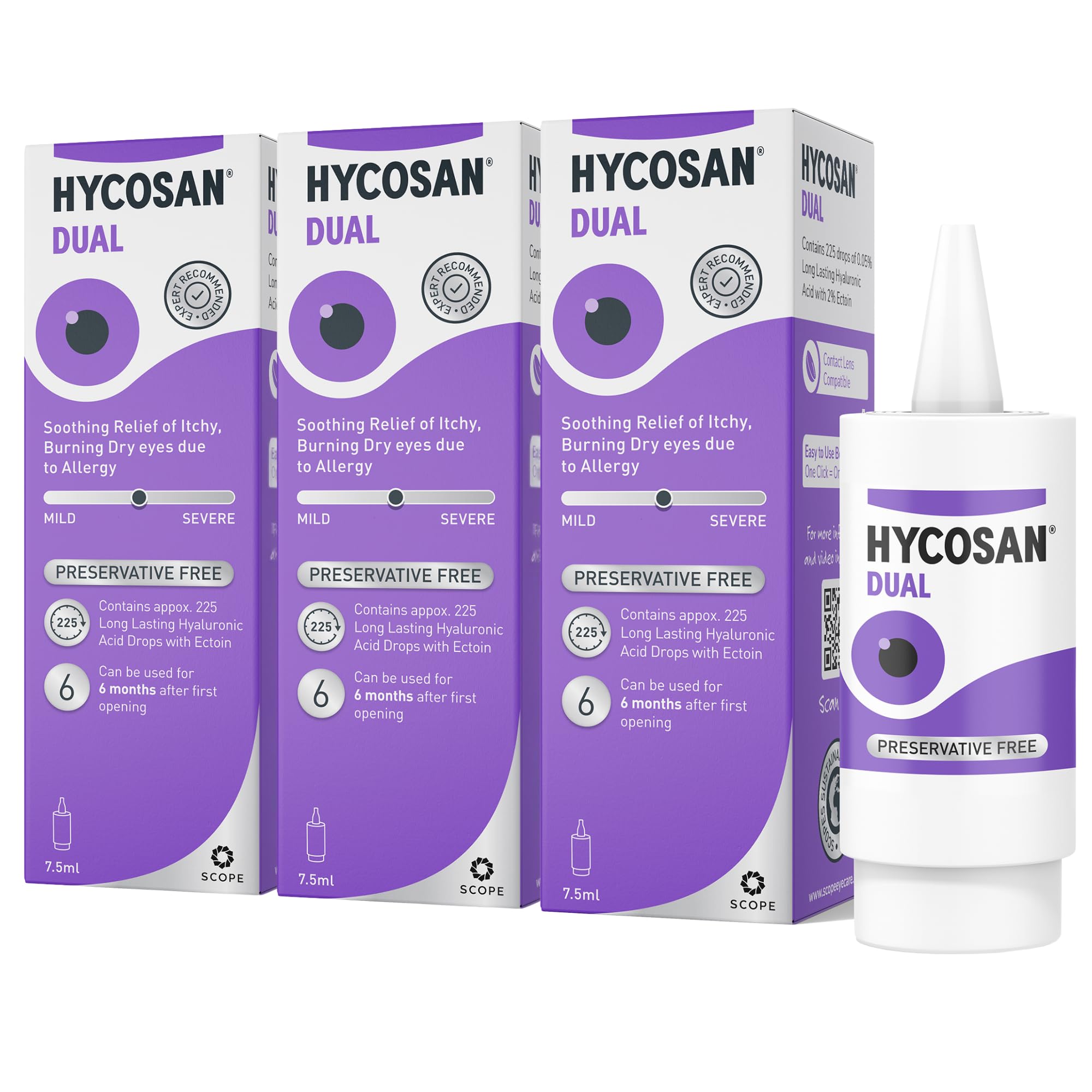 Hycosan Dual - Triple Pack - Preservative Free Eyedrops - 0.05% Sodium Hyaluronate and 2% Ectoin - Recommended for Relief from Lipid Deficient Dry Eye and Meibomian Gland Dysfunction - 3x7.5ml