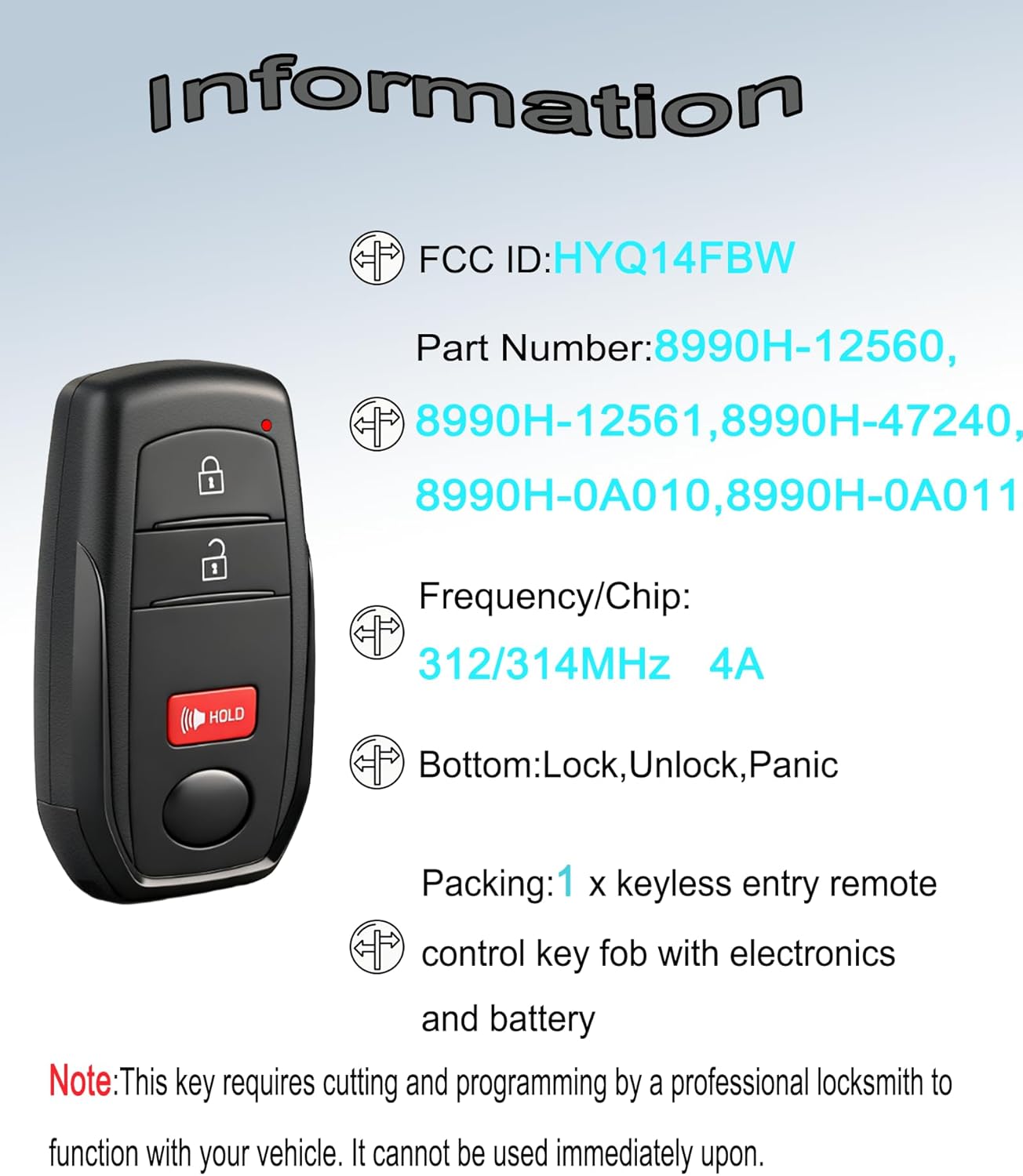 Smart Key Fob for Toyota Corolla Cross 2022-2025, YIKEBALOG Keyless Entry Proximity Remote Control Key Fob Compatible with Toyota Prius 2024-2025 HYQ14FBW 8990H-0A010 231451-2561