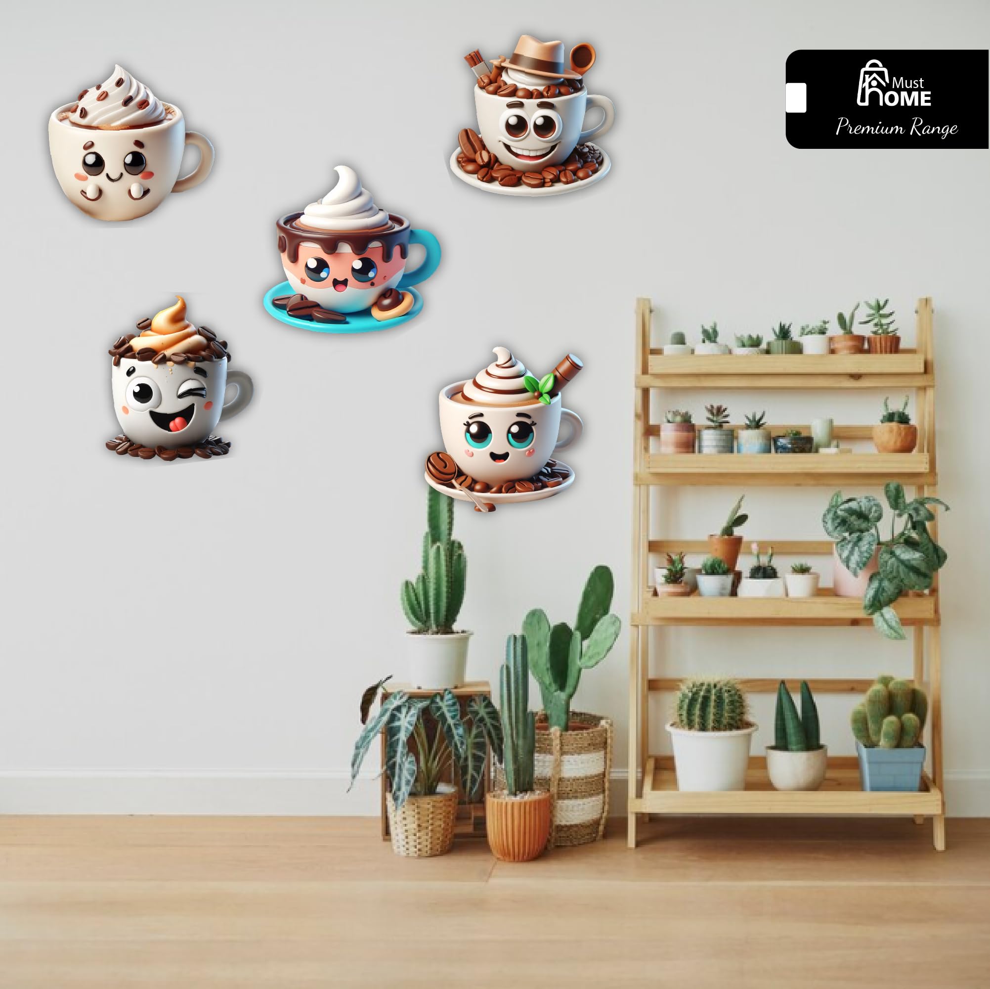 MustHome Kitchen Decoration Items, Coffee Cups | Cute Smile Cup and Cups Kitchen Wall Decor | Stickers Wall | Wall Reusable Stickers, Reusable Sticker s, Set of 5, Wood 2