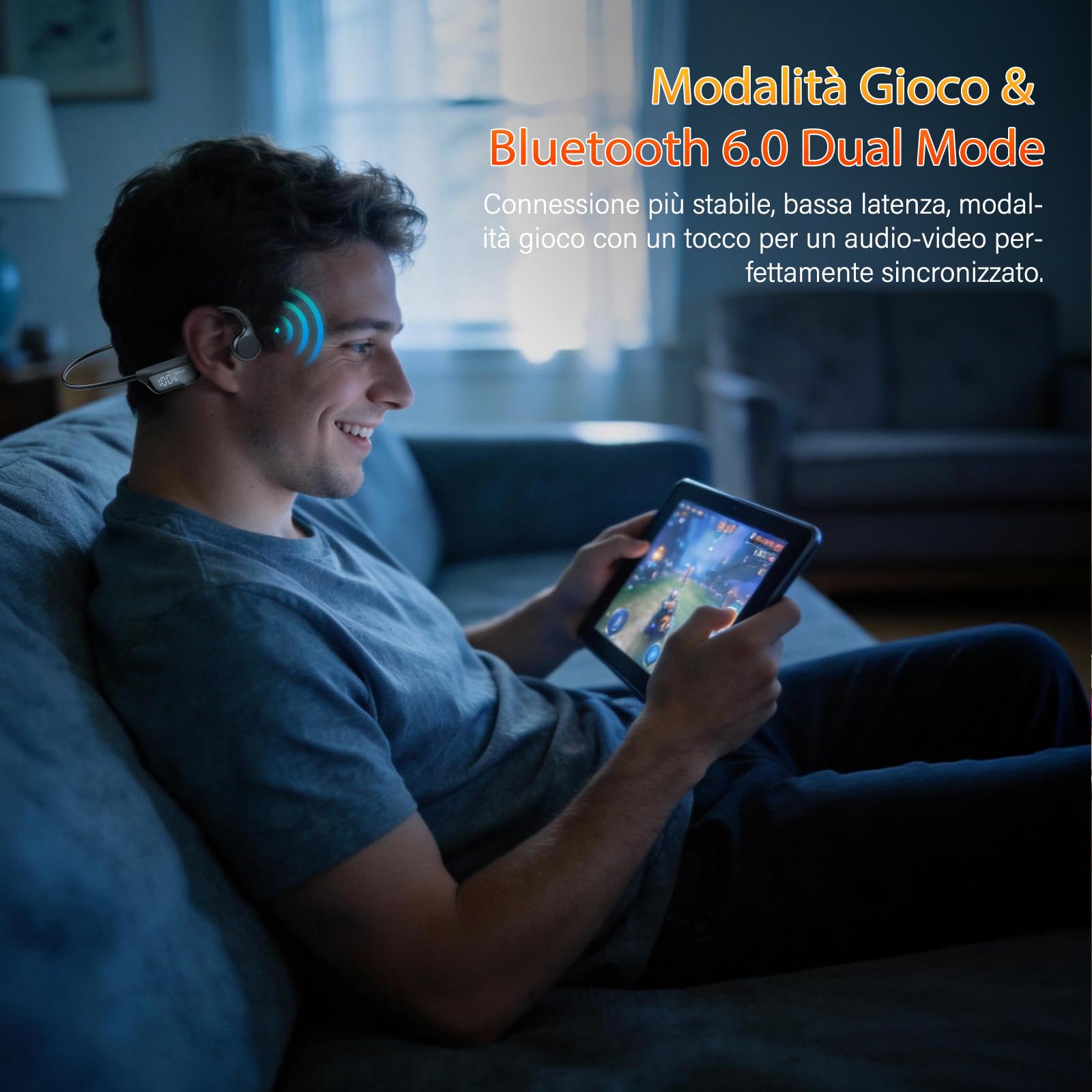 Cuffie Conduzione Ossea Bluetooth 6.0 Cuffie Open Ear Wireless Auricolari | Bluetooth Suono Dual Driver, Display LED, Connessione Doppio Dispositivo e Modalità Gaming, 12 Ore, IPX7 per Corsa/Ciclismo