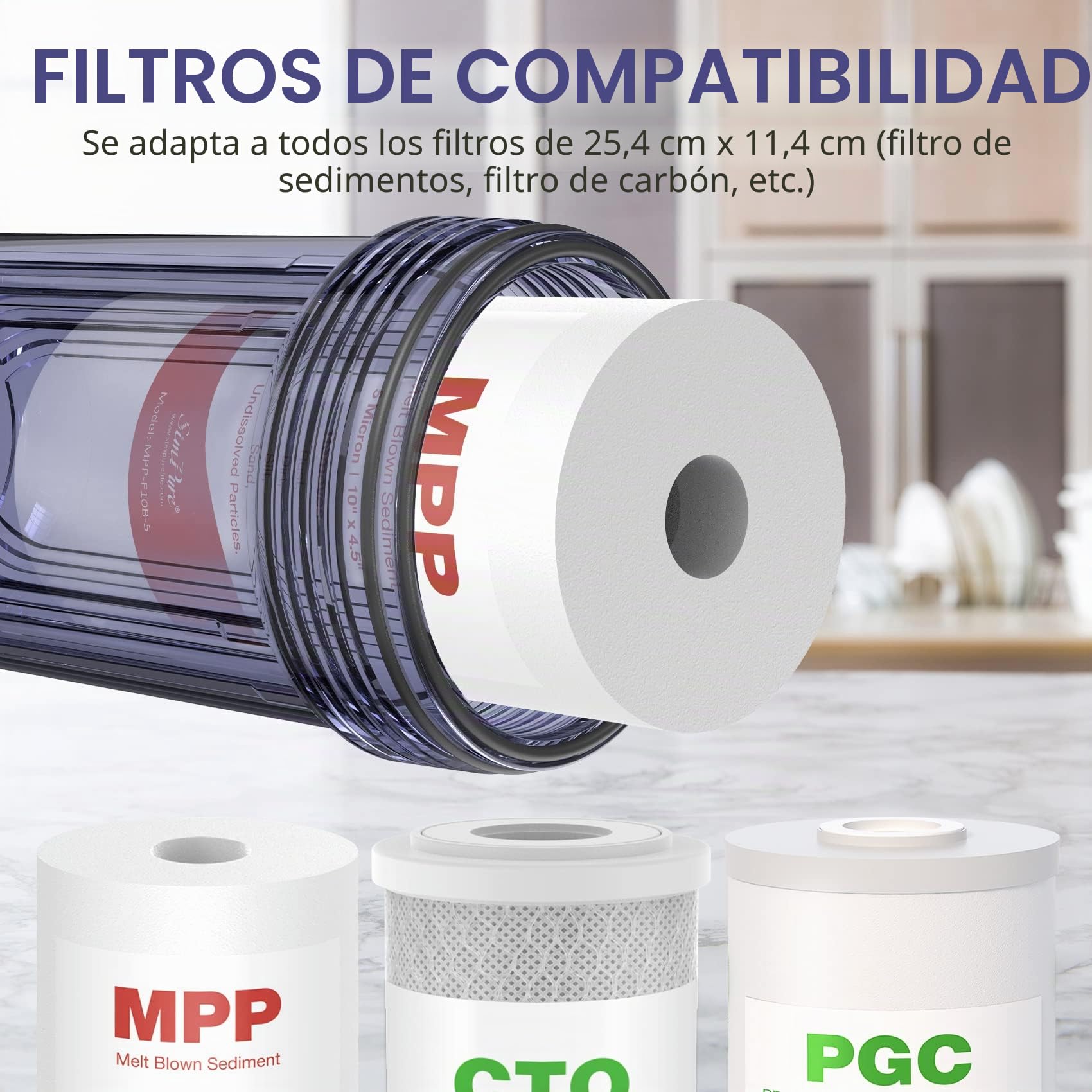 SimPure DB10C Filtro de Agua de 10"x4,5", Sistema de Filtración de Agua para Toda la Casa con Soporte & Llave, Entrada/salida de 1“ BSP Puerto de Latón