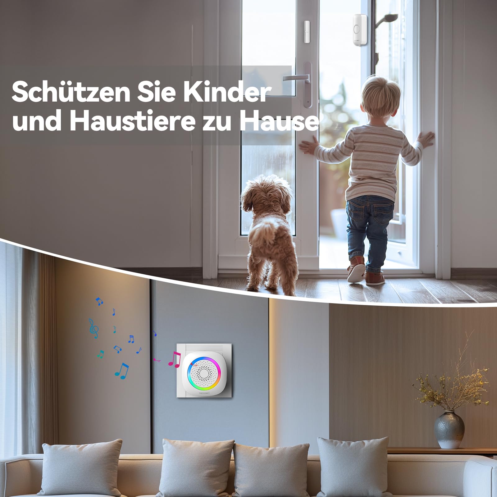 TECKNET Tür Fenster Sensor Klingel, Tür Fensteralarm Funkklingel mit 300M Reichweite, 61 Klingeltönen und RGB Licht, Türsensor Alarmklingel für Häuser, Geschäft und Büro, weiß