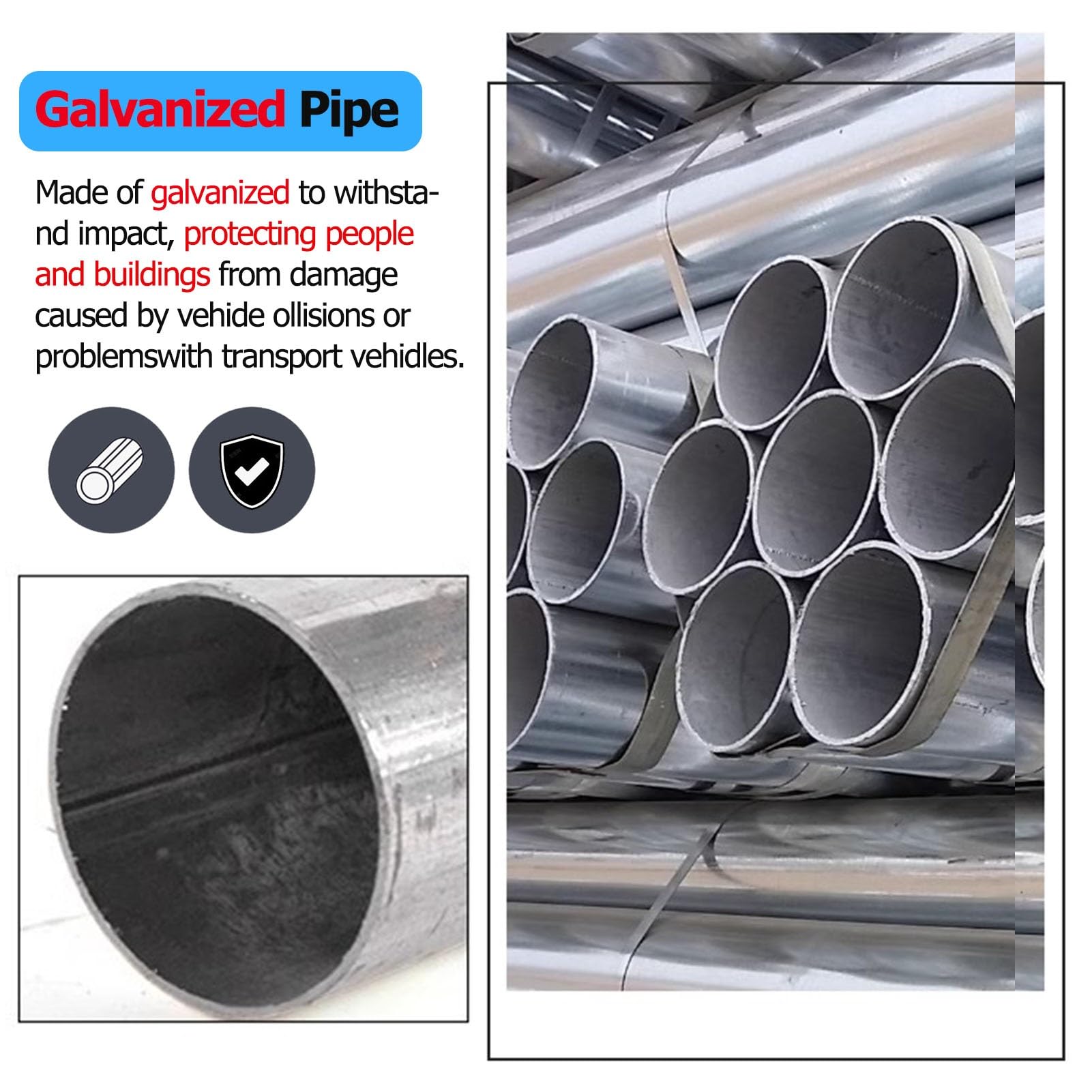 Bolardo de seguridad de tráfico de acero galvanizado, poste de barrera de entrada y estacionamiento (1 unidad, 8,9 x 60 cm) para mejorar la seguridad vial y control de acceso