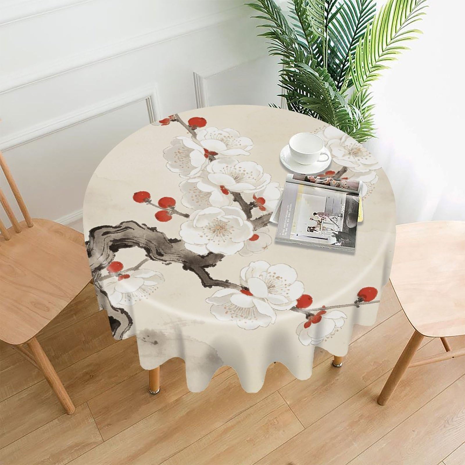 VstaDank Plum Blossoms Adorned with Red Table Cloth Fashions Washable Round Tablecloth Decorative Table Cover Comfortable Straight Edge Tablecover for Dining Kitchen Party Outdoor 60 Inch