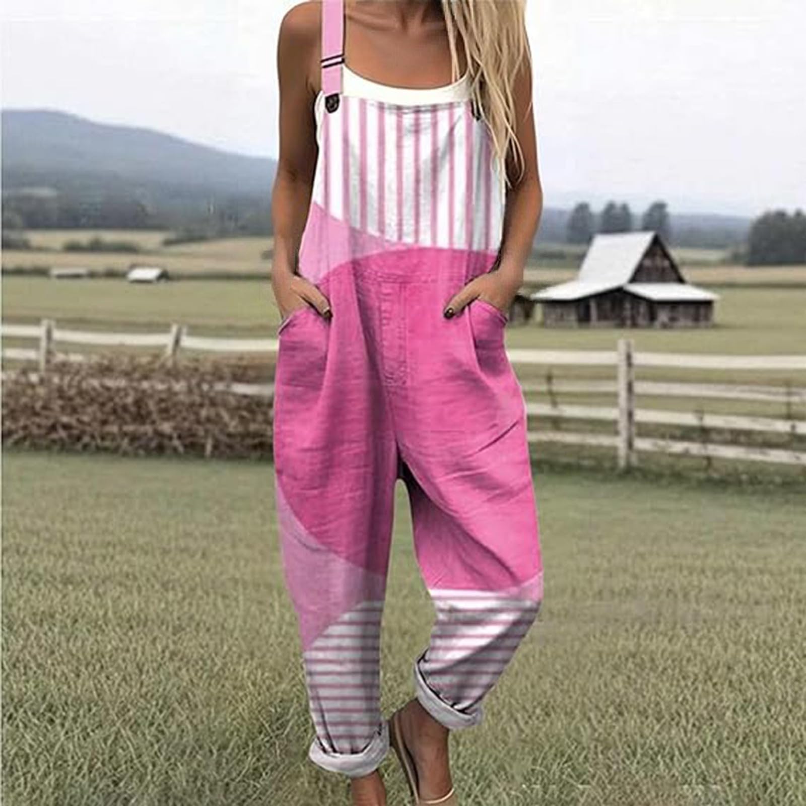 Generico Salopette Donna Estiva Lunga in Lino Elegante Tuta Intera Curvy con Stampa Boho Chic Jumpsuit Pantaloni Gamba Larga Senza Maniche Moda Baggy Cotone Taglie Forti Mare Vacanza Comoda S-5XL