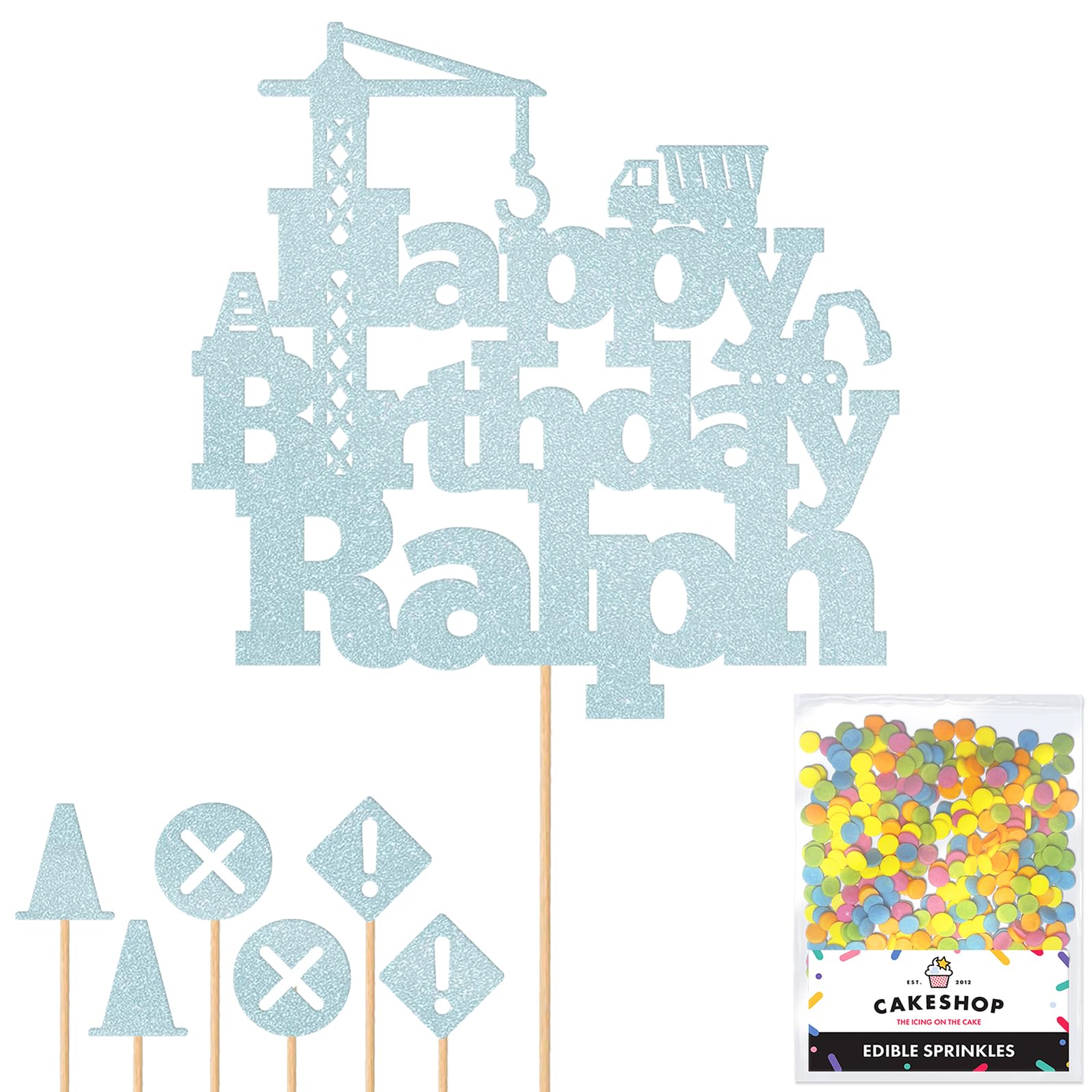 Personalised Construction Site Crane Glitter Cake Topper Lt Blue Any Custom Age & Name Glitter Cake Decoration and Sprinkles - Happy Birthday Decorations - Personalised Toppers for Cakes by Cakeshop