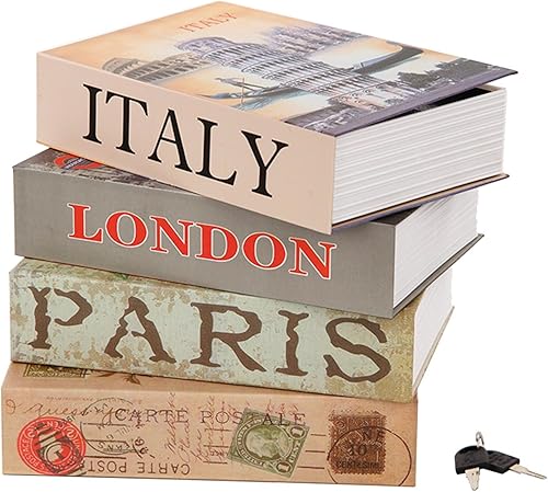 SEPOX Juego de 4 cajas de seguridad grandes para libros vistas de renombre mundial, gran almacenamiento oculto con cerradura de llave, caja fuerte