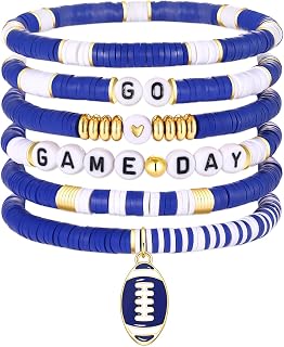 Game Day Bracelets for Women Football Bracelets Stackable Heishi Beaded Stretch Bracelets Sport Fan Bracelet Football Charm Bracelet Bangles Football Mom Accessories Outfits Jewelry