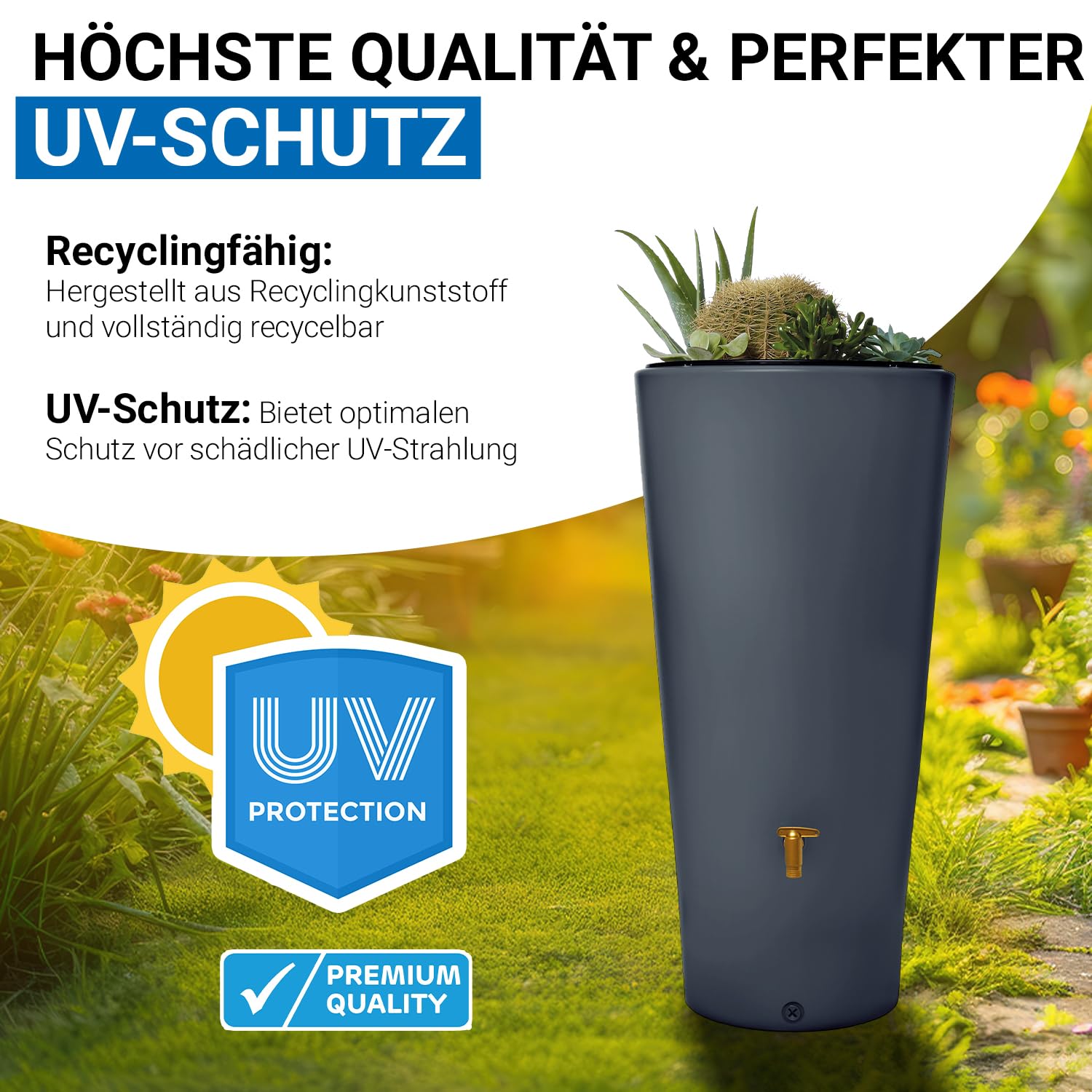 4rain Vaso 2in1 Regentonne 220 Liter Graphite Grey inkl. Pflanzschale | stilvolle Regentonne für Garten mit Auslaufhahn und Pflanzschale nachhaltiger Wassertank in Anthrazit für Bewässerung
