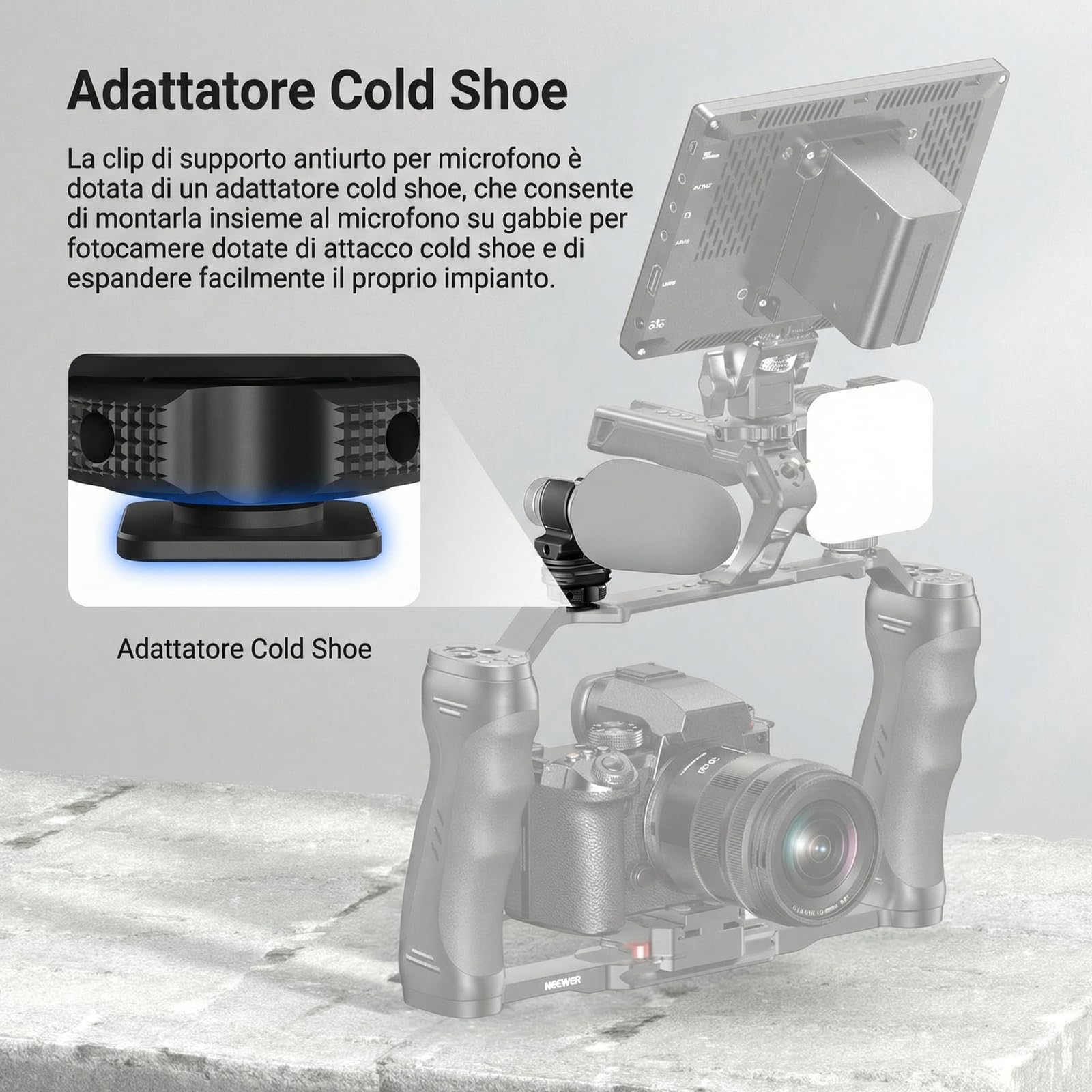 NEEWER Supporto per Microfono con Adattatore Cold Shoe, Accessori Porta Mic Antirumore e Antiurto con Cuscinetti in Silicone Integrati, per Microfoni da 0,7" a 1" (da 19 a 25mm) di Diametro, MH3