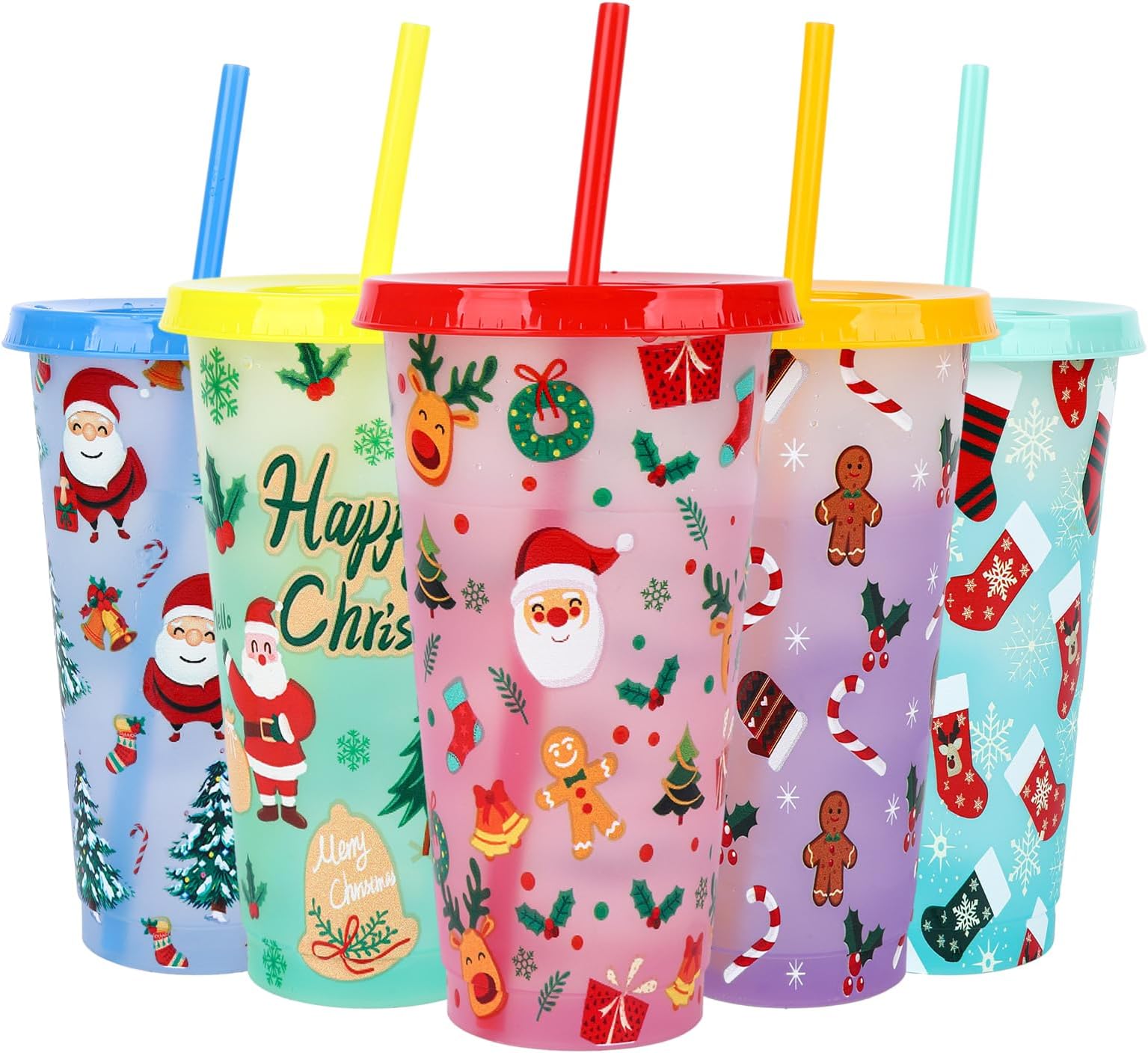 5-Piece Christmas Drink Cup Set 710ml Iced Coffee Cups - Color Changing, with Lids, Straws Santa Claus Snowman Reindeer Gingerbread for Kids Party Favors