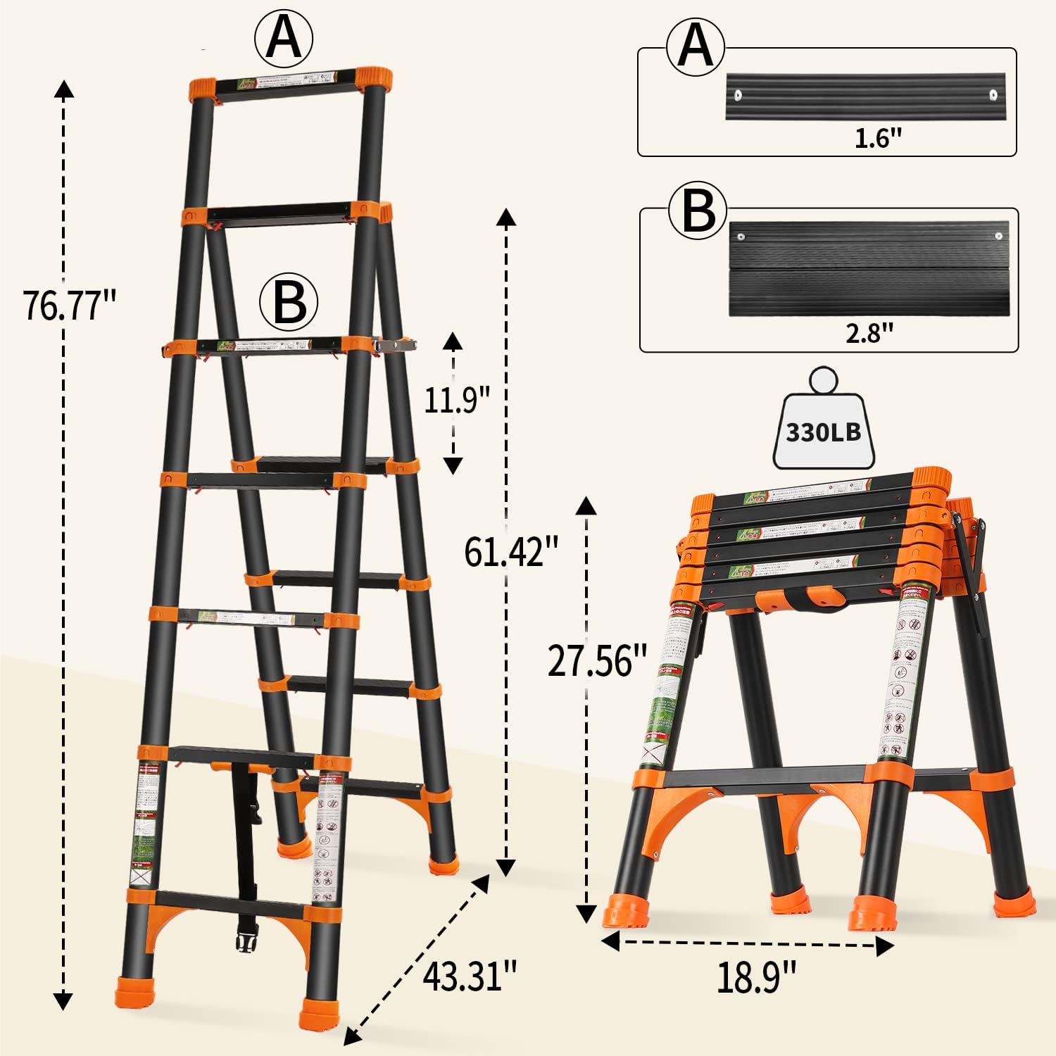 RIKADE A-Frame Telescoping Ladder with 1-Button Retraction, Aluminum Adjustable Extension Ladder, Portable Lightweight Folding Design for Home/RV Use, 330lb Capacity(1.7+2M)