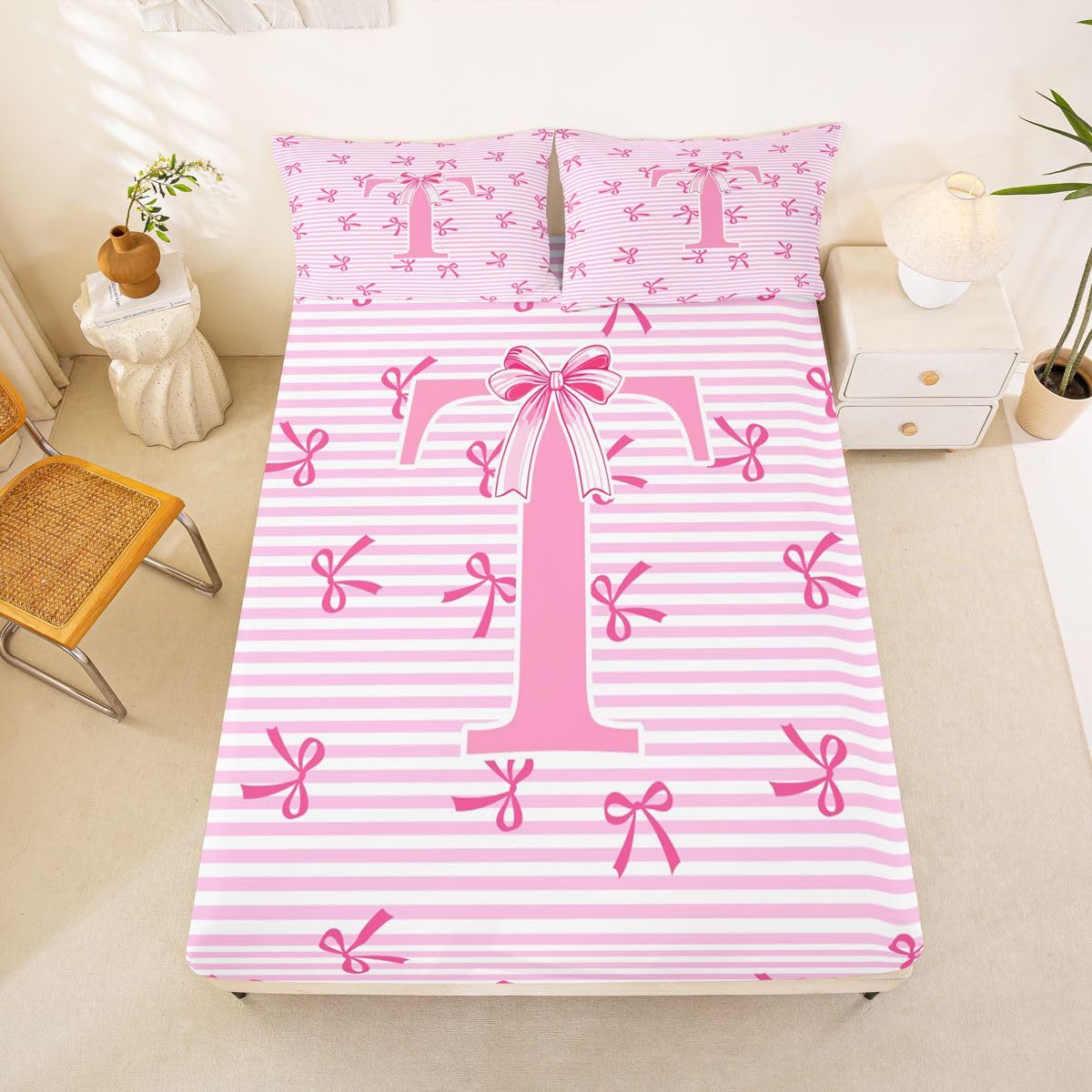 Homewish Monogram litera T zestaw pościeli podwójna urocza różowa kokarda prześcieradła kawaii kokardka w paski pościel - marzycielska księżniczka kokardki zestaw pościeli 4 sztuki