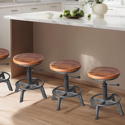 Miniatura 7 de Juego de 2 taburetes de bar industriales, sillas de altura de mostrador, asiento giratorio de madera, ajustable de 15.2-21 pulgadas