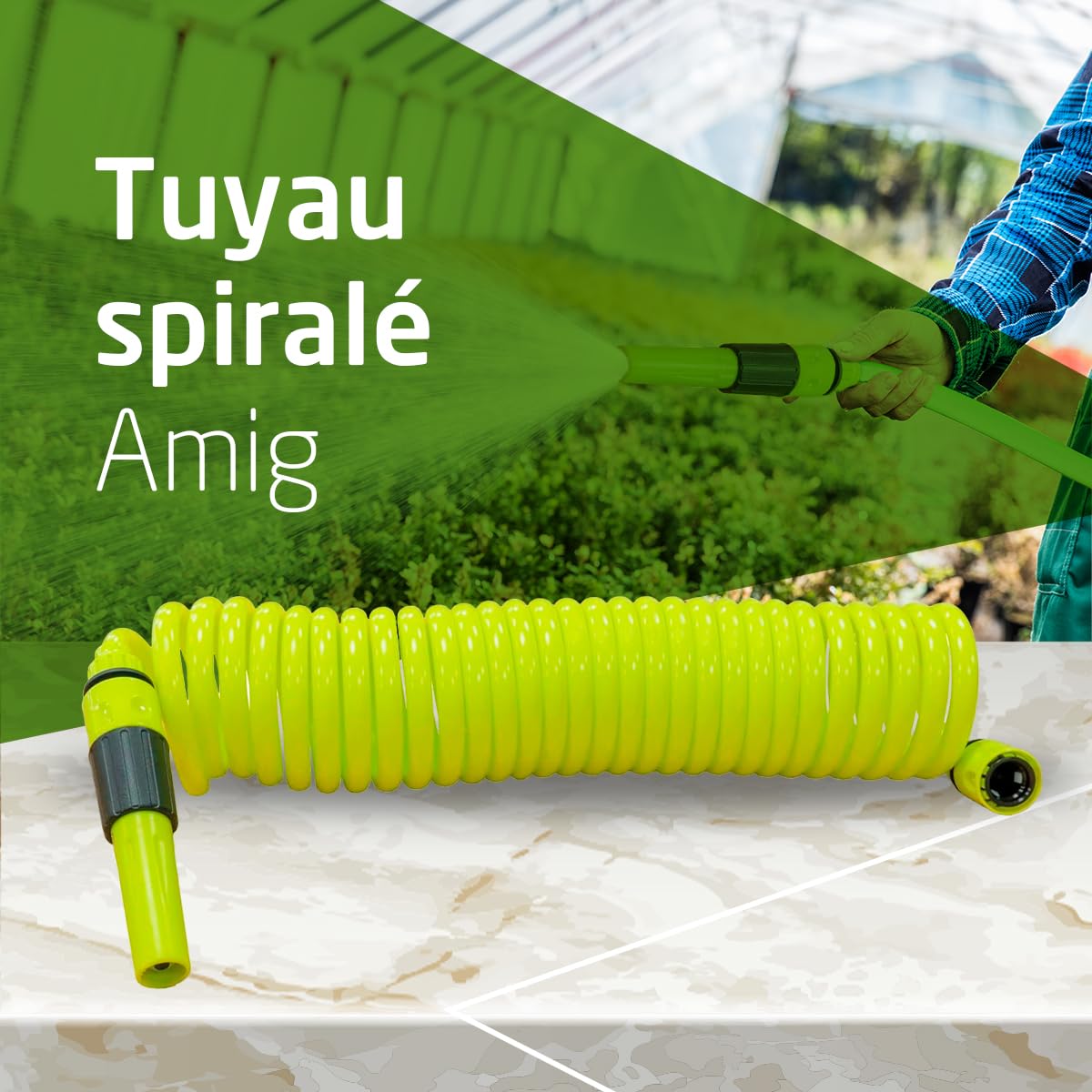 Amig - Tuyau d'arrosage en spirale de 3/8" avec accessoires de jardinage ou de nettoyage - Comprend une lance d'irrigation, un adaptateur et 2 raccords - Extensible jusqu'à 7,5 m Vert pistache