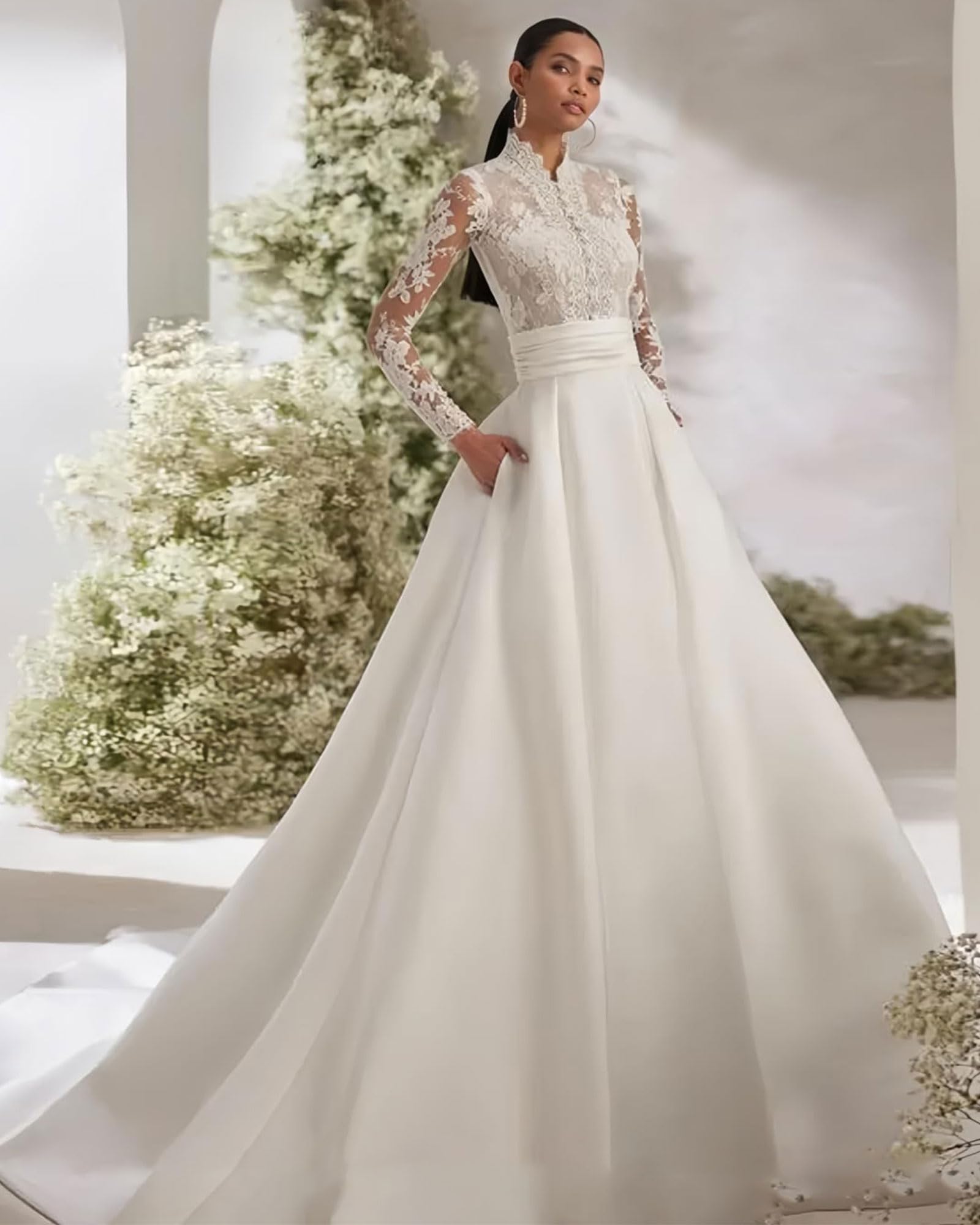 HUINI Satin Hochzeitskleider mit Stehkragen Spitzenapplikationen Lange Ärmel Brautkleider mit Schleppe