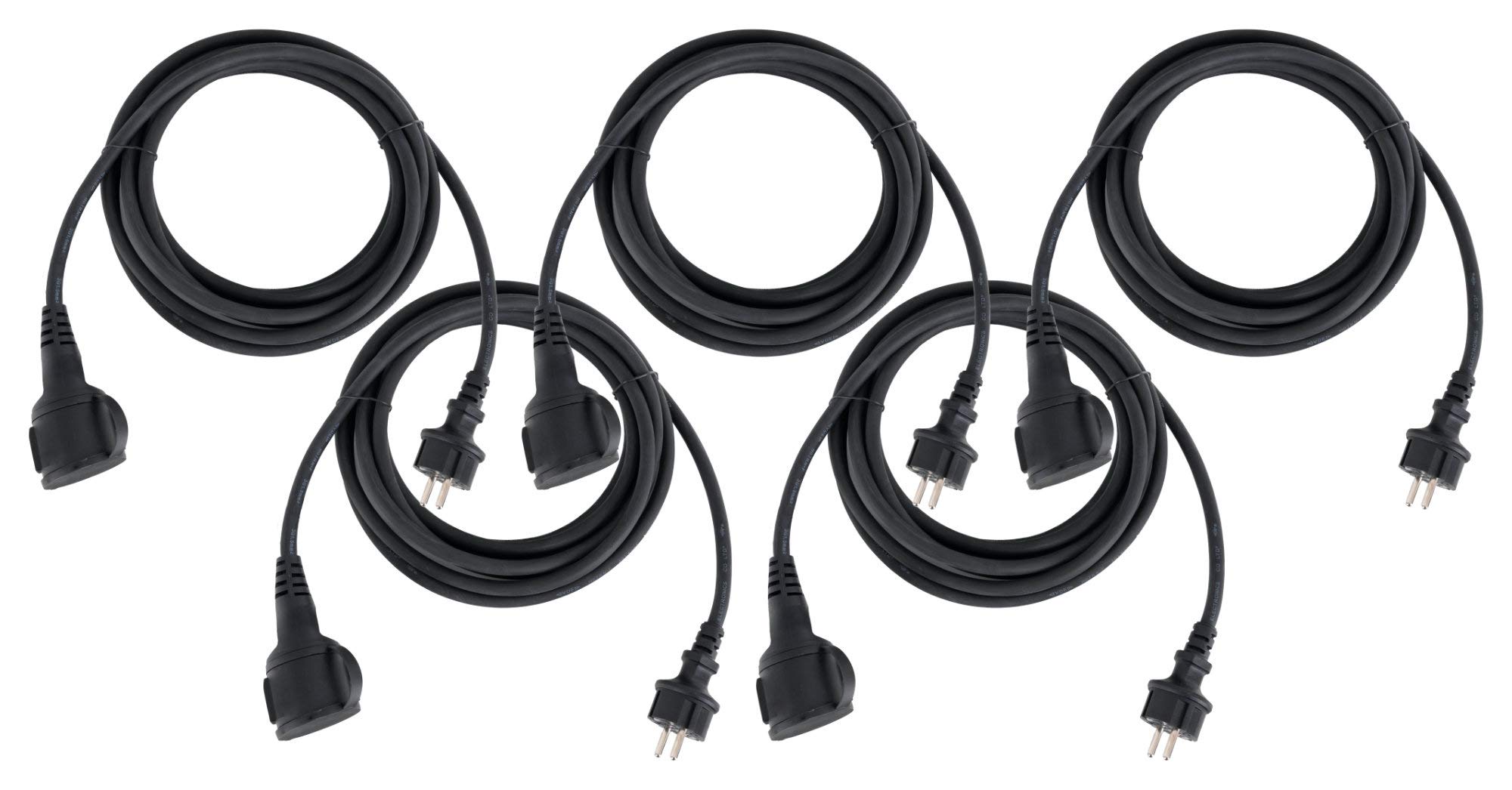 Stagecaptain PSPEXT-10 Cable de Extensión IP44 10m Set de 5, 5 mm² | Cable apto para exteriores con enchufe y toma con conexión a tierra, Tapa protectora para la toma, 5 mm²), Longitud: 10m