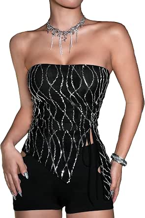 SOLY HUX Women's Sparkly Mock Neck Tank Top - Sleeveless Lettuce Trim Party Top - View #6