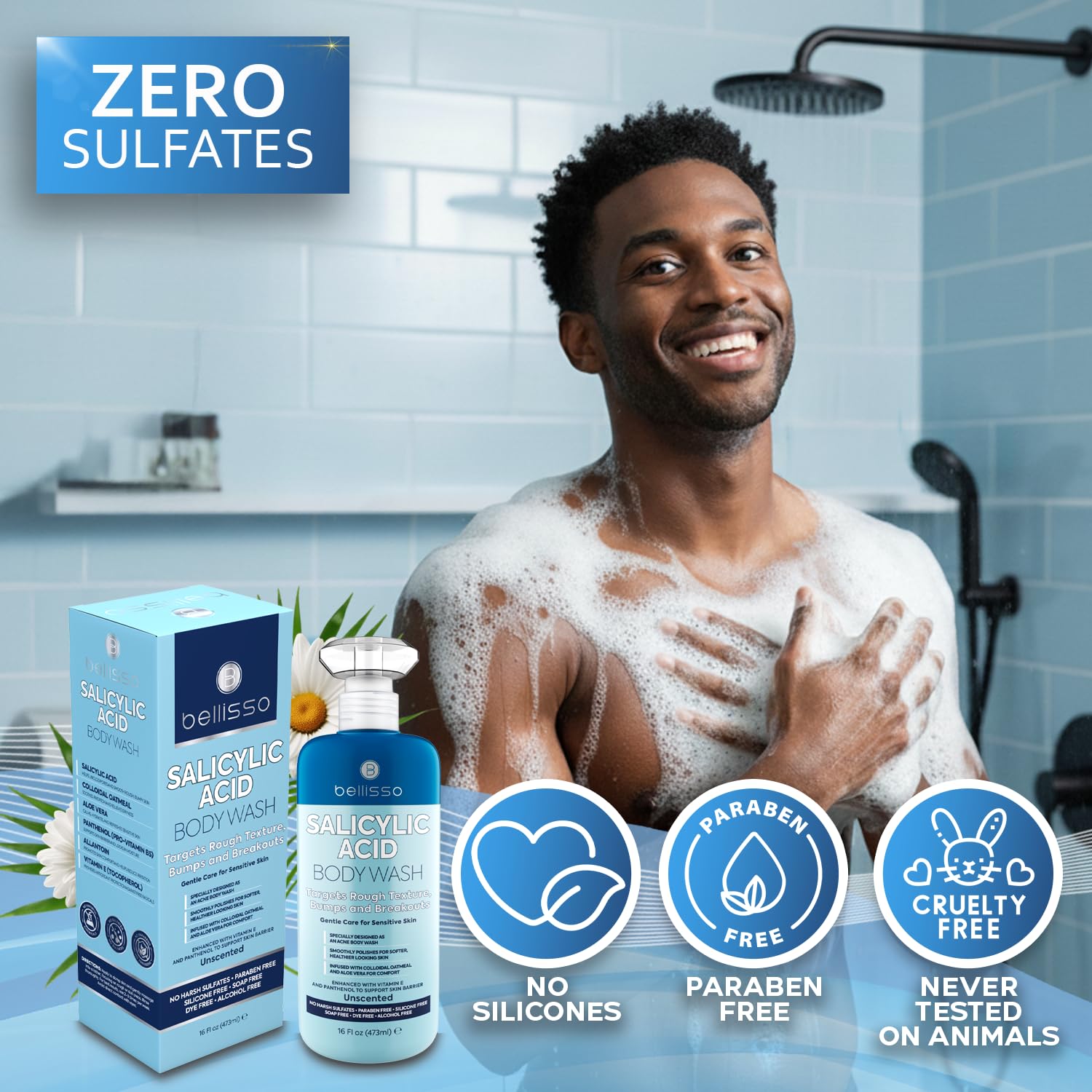 BELLISSO Salicylic Acid Body Wash - Men's and Women's Exfoliating Liquid Soap for Back Acne and KP - For Oily and Sensitive Skin - Sulfate Free Formula - 16 Fl Oz