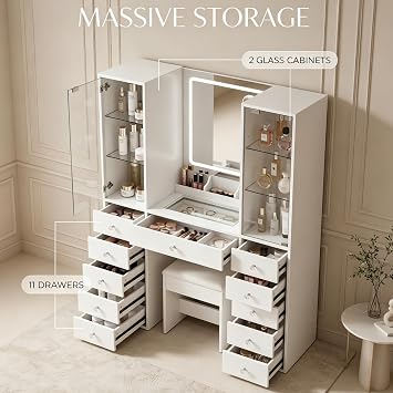 FUSOU Dressing Table with 11 Drawers & 2 Large Storage Cabinets, Adjustable Glass Shelf, Dressing Table with Mirror and Stool, Vanity with Glass Top and Power Outlet, Vanity Desk for Bedroom, White