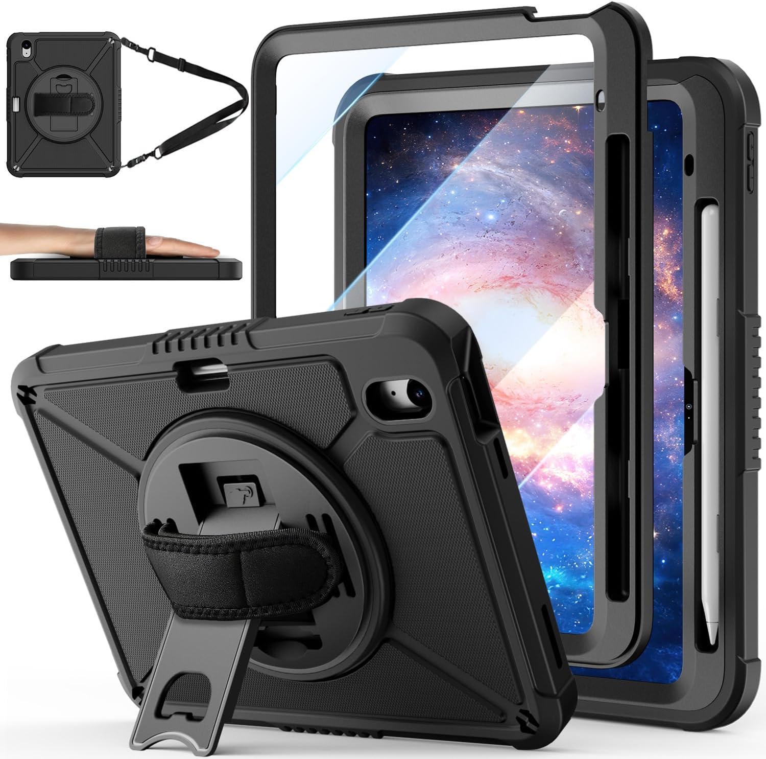 ZtotopCases for iPad (A16) 11th/10th Generation 11''/10.9'' with Screen Protector, Pen Holder, Handle Shoulder Strap,360 Rotating Stand Rugged Protective Case for iPad 11th Gen 2025(A3354/A3355),Black