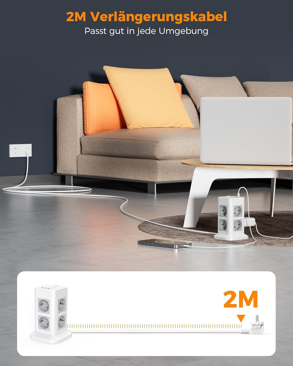 TESSAN power strip tower with its 2-meter extension cable, shown in a living room environment.