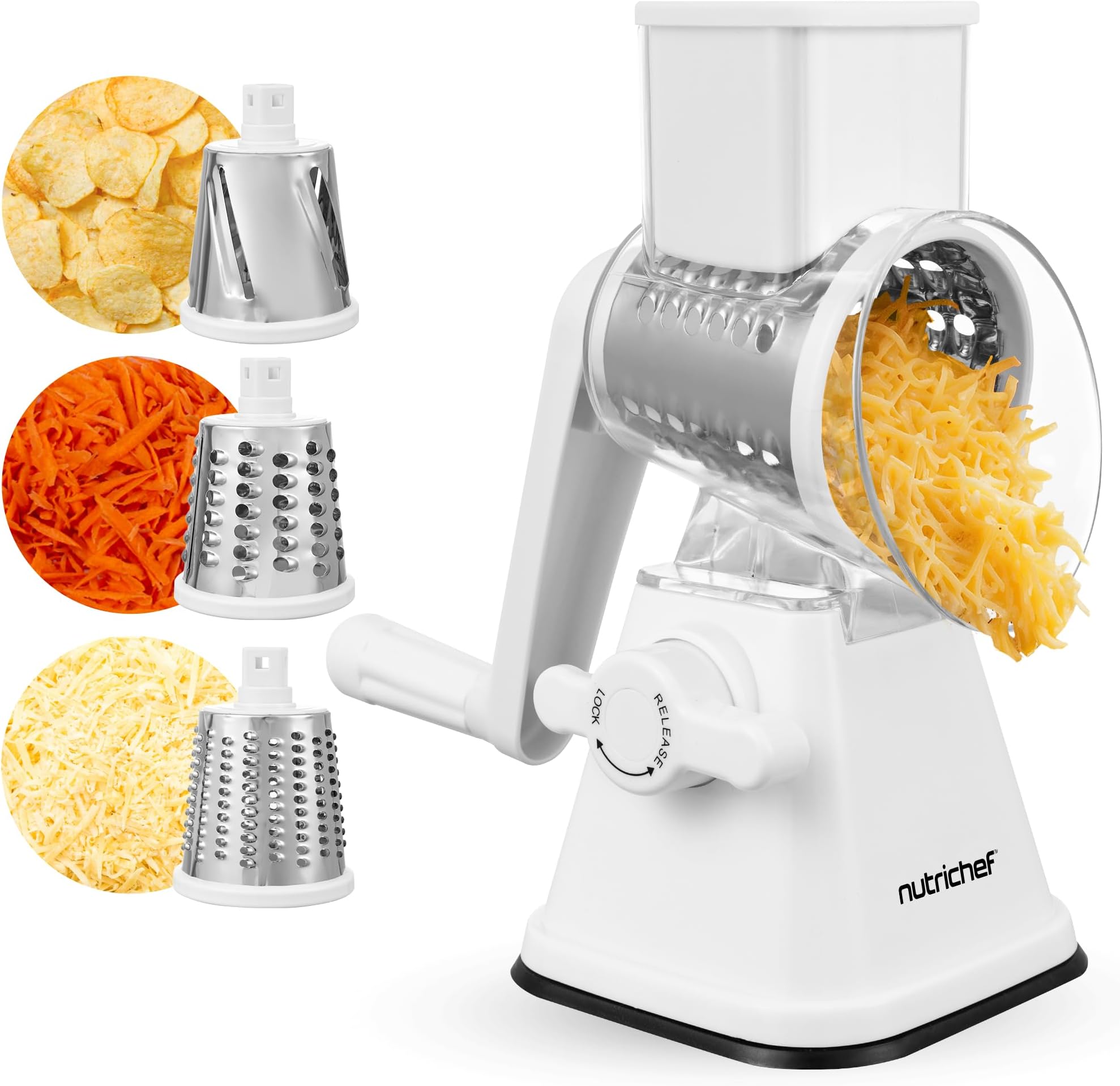 3 in 1 Cheese Grater & Shredder | Strong Suction Base, Rotary Handle with Safety Lock | Includes Hand Crank & 3 Drum Blades for 3 Textures, Fine, Medium & Strips | White