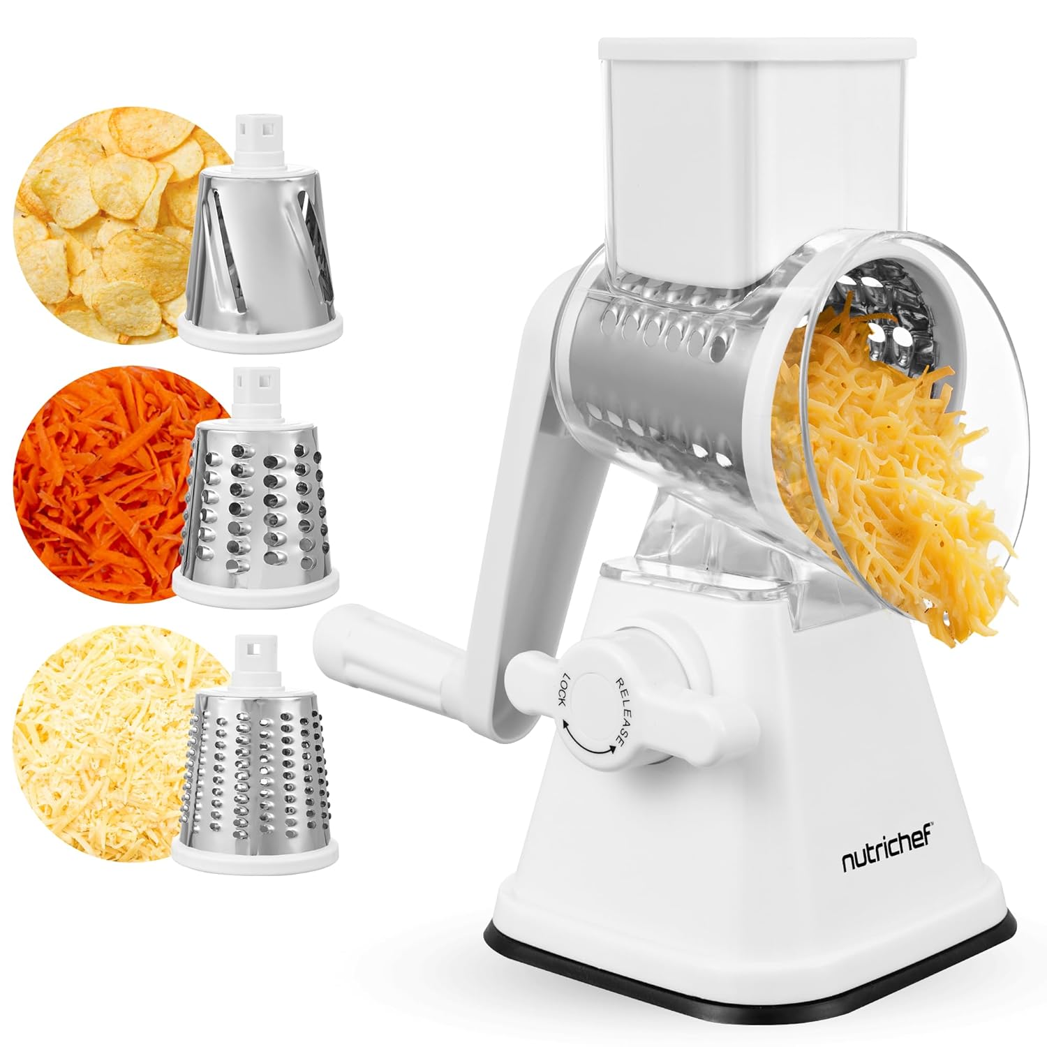 Nutrichef 3 in 1 Cheese Grater Shredder Strong Suction Base Rotary Handle with Safety Lock Includes Hand Crank