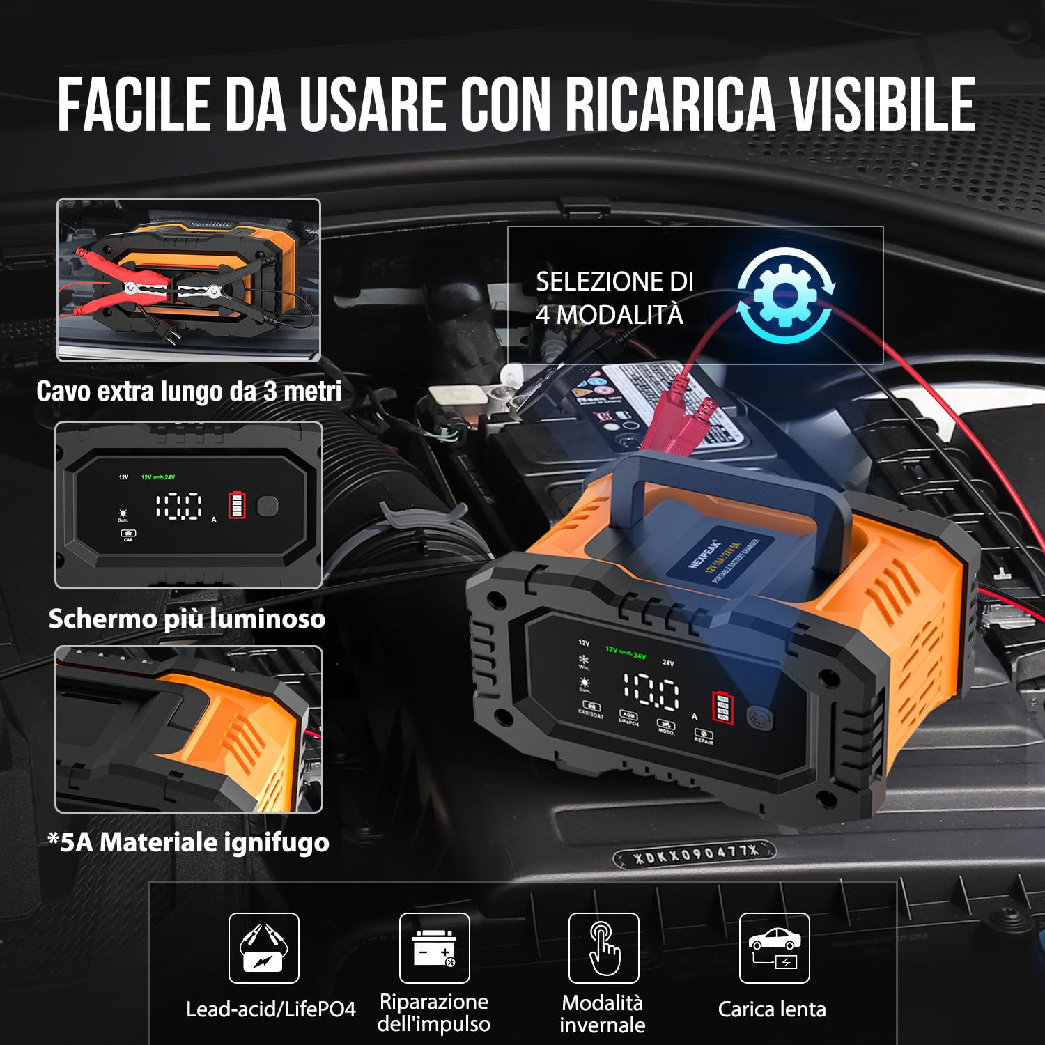 Caricabatterie Intelligente 10A, Caricabatterie per Auto LiFePO4 12V 24V, Mantenitore Automatico della Batteria con Compensazione della Temperatura per Auto Moto Camion, AGM, Gel, Bagnato, SLA