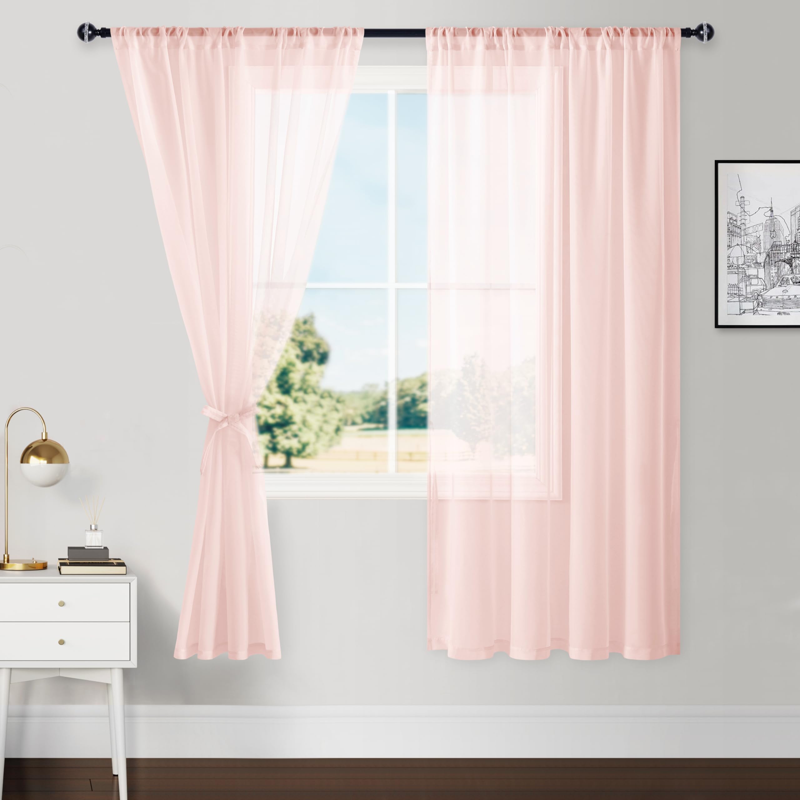 Hiasan Sheer Curtains for Bedroom with Tiebacks, Lightweight Airy Breathable Voile Drapes Light Filtering Rod Pocket Window Curtains for Living Room, Nursery, W52 x L63, Blush Pink, 2 Soft Panels