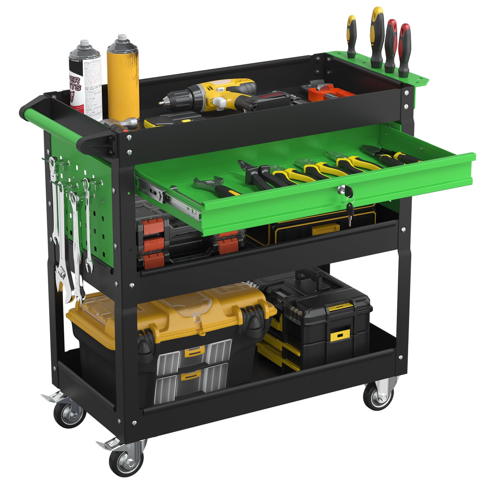 3 Tier Heavy Duty Rolling Tool Cart with Drawers, Large Storage Utility Cart on Wheels for Garage, Warehouse, Repair Shop (Black&amp;Green)
