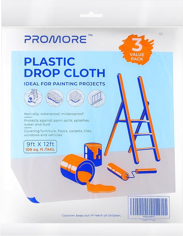 3PK Plastic Drop Cloth,1Mil Thick, 9x12 Ft,Thickened Painter's Sheeting | Tear-Proof, Waterproof, For Painting, Furniture, Walls, and Floor Protection