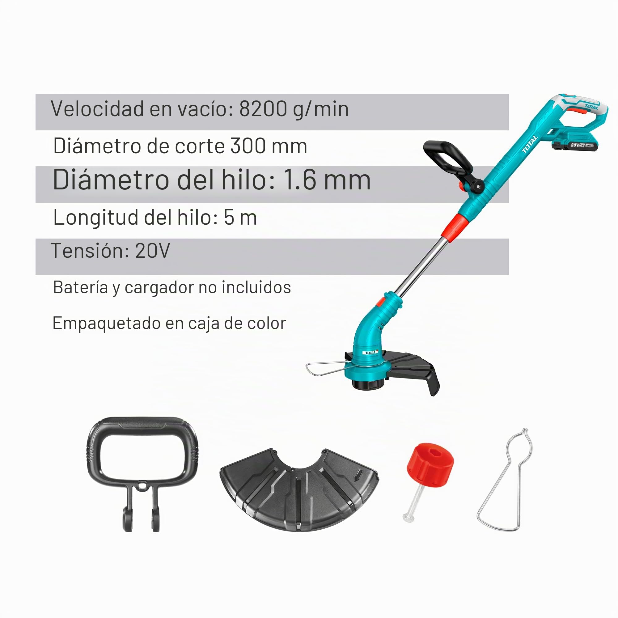 TOTAL - Cortabordes Eléctrico - A Batería P20S de 20 V - Máquina de Podar Portátil Especial para Jardín - Diámetro de Corte de 300 mm - Mango Ajustable hasta 180º