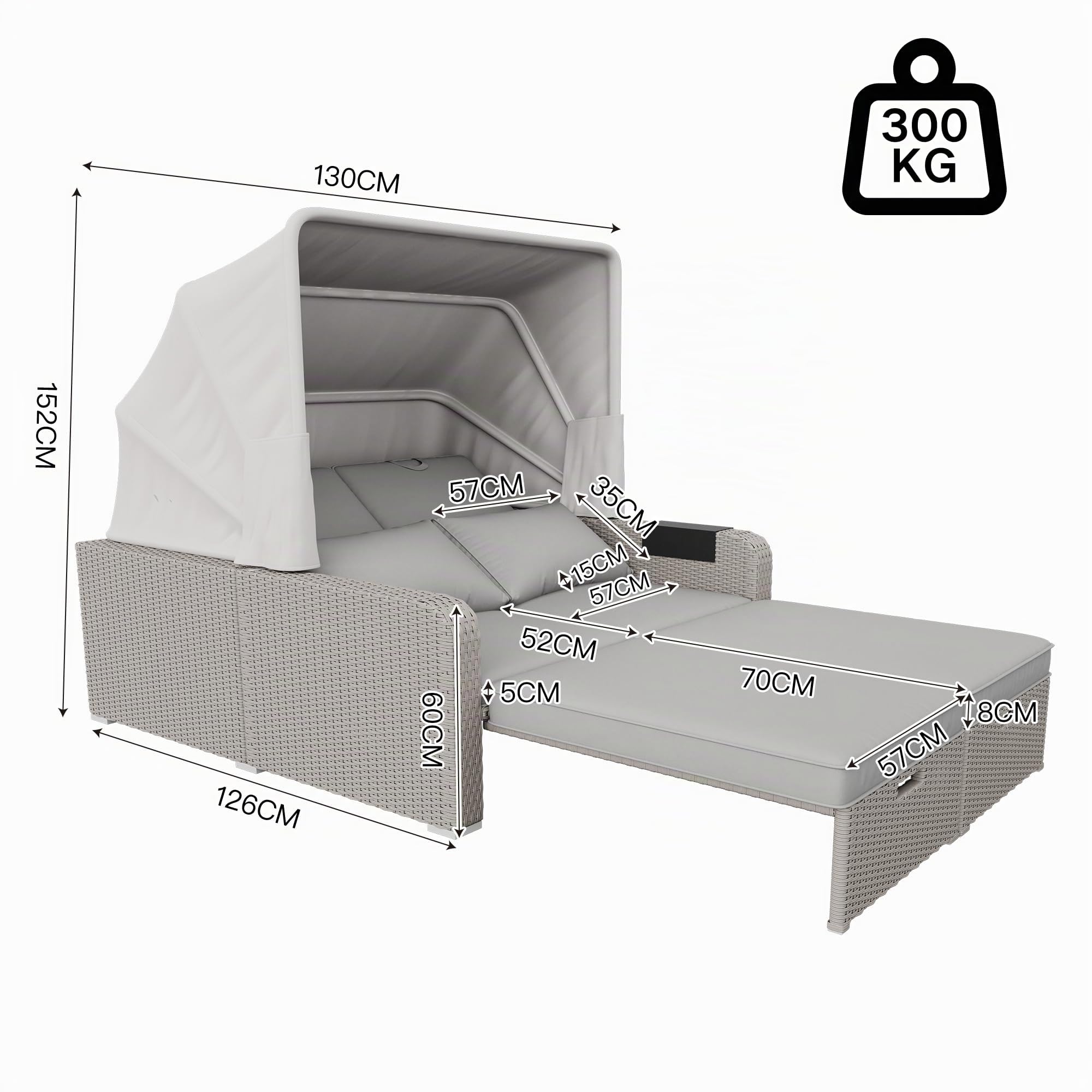 Muebles de jardín de polirratán para 2 personas, sofá de salón con toldo extraíble, sofá convertible en cama, para playa, jardín, fácil de montar (caqui)