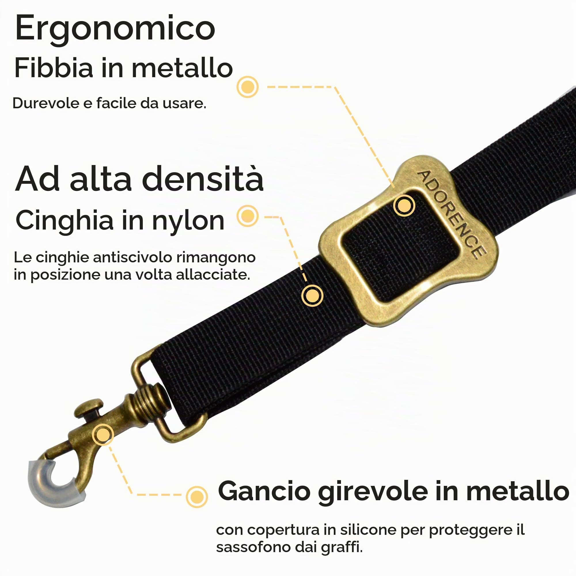 adorence Tracolla Sax per Sassofono, Tracolla Regolabile con Pad per Collo e Moschettone Girevole in Metallo, per Sassofono Tenore, Contralto e Soprano, Nero - H11