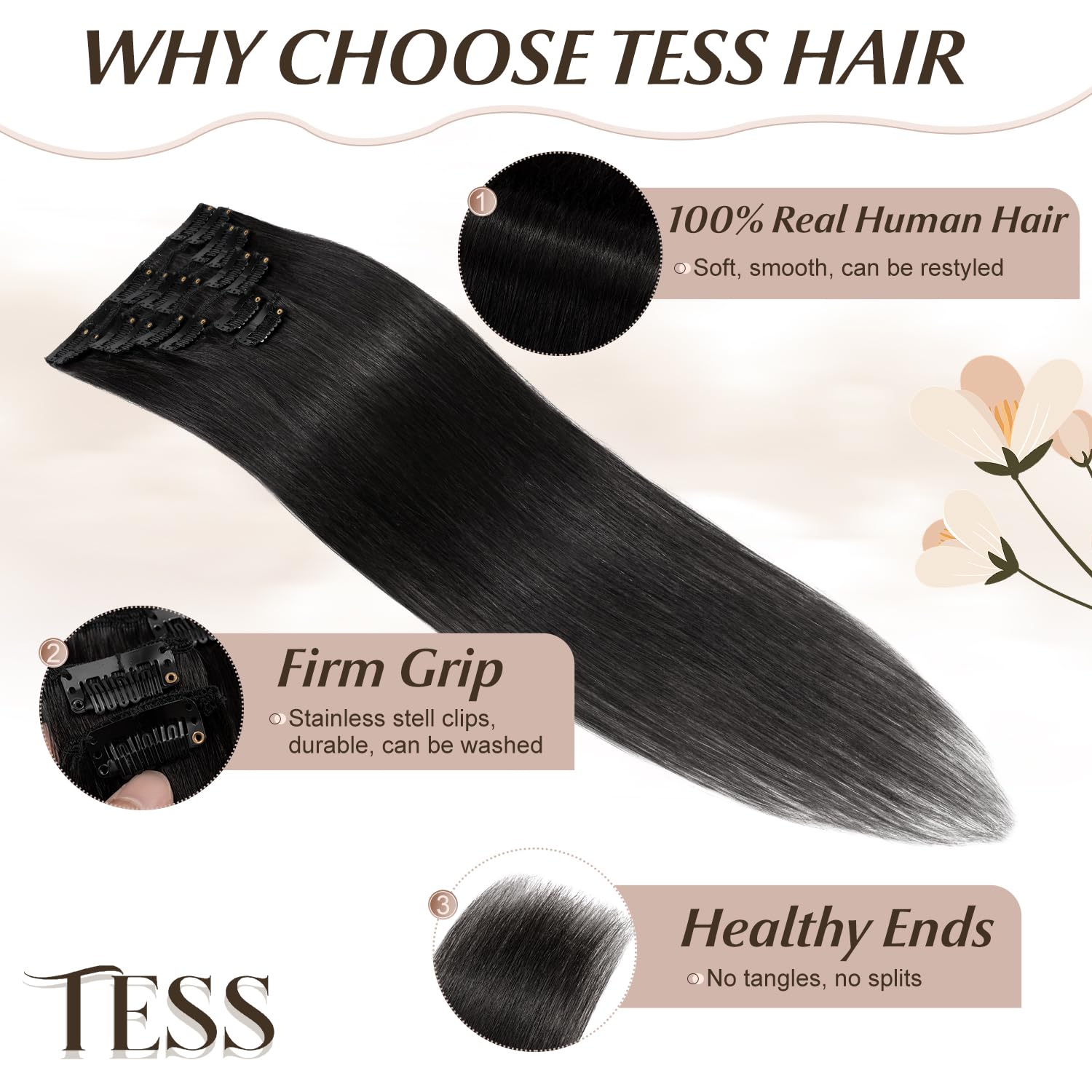 TESS Clip in Hair Extensions Real Human Hair Black Remy Seamless 8 Pieces Straight Short for Women/Girls (#01 Jet Black, 10 Inch 50g) - Image 3
