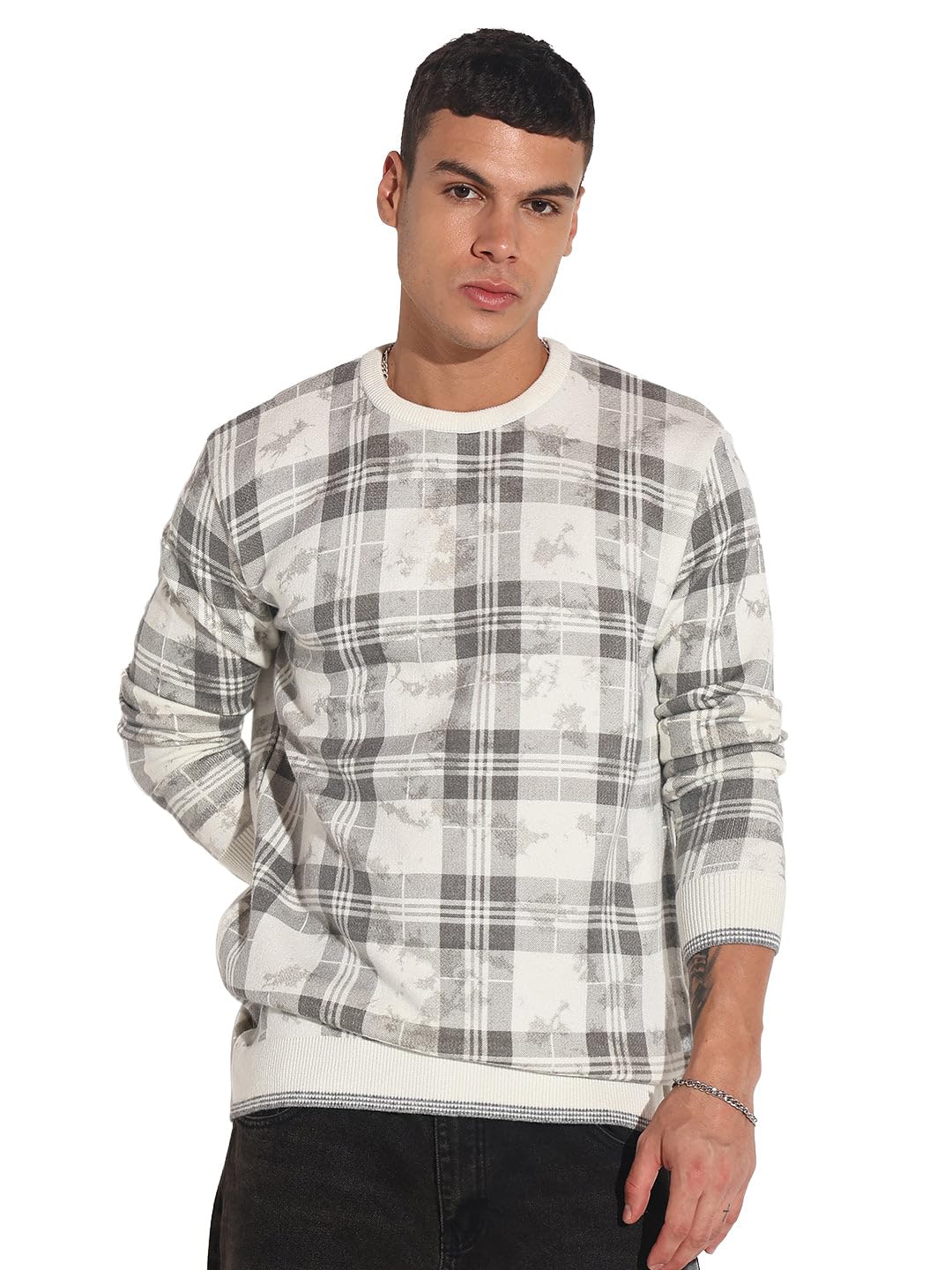 Men's Checked Grey Ribbed Round Neck Sweater-LBR-2503_Grey-image-31