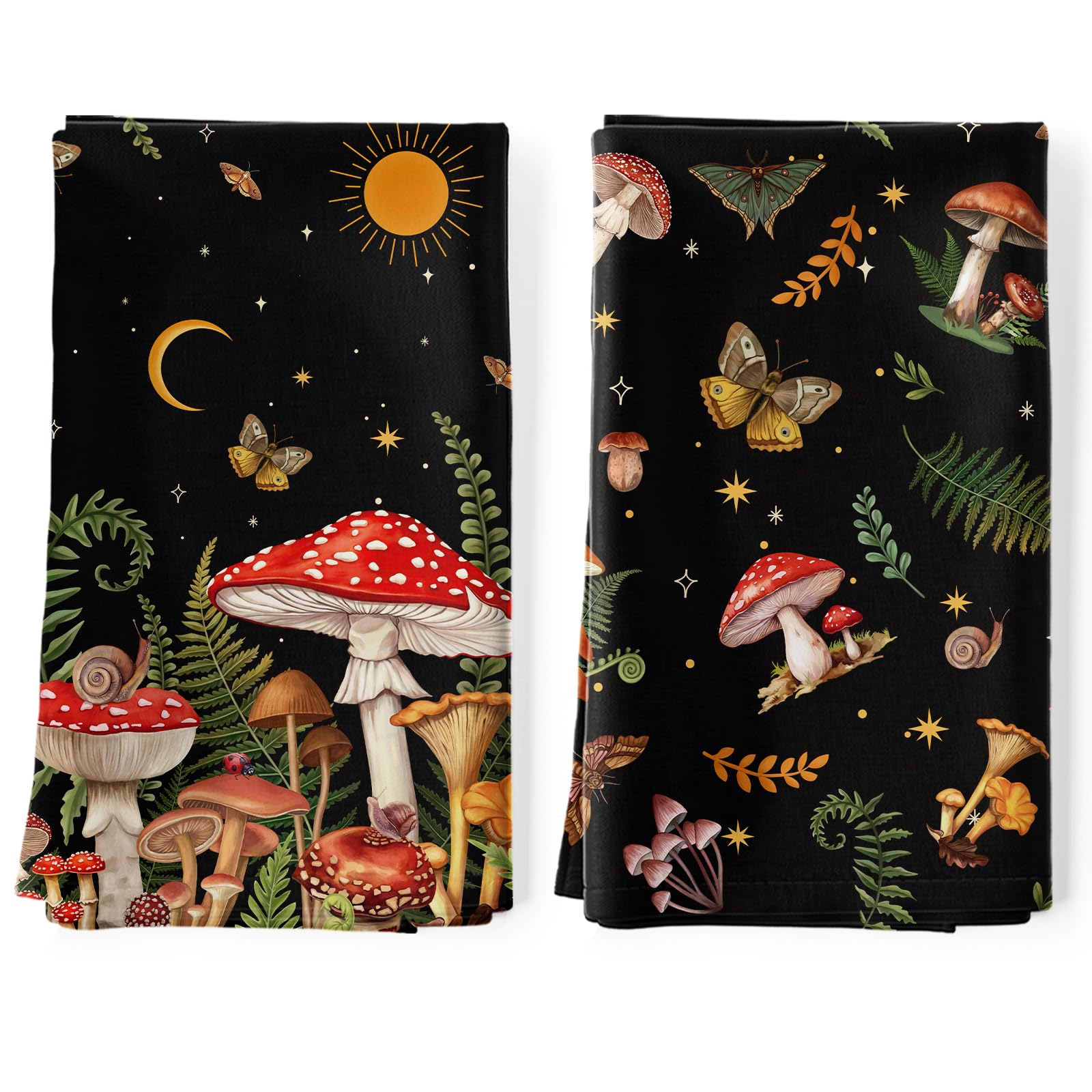 Arquiel 2Pcs Mushroom Kitchen Tea Towels 100% Cotton Forest Hand Towels Multiple Uses Quick Dry Dish Cloth for Table Kitchen Decor Housewarming Gifts