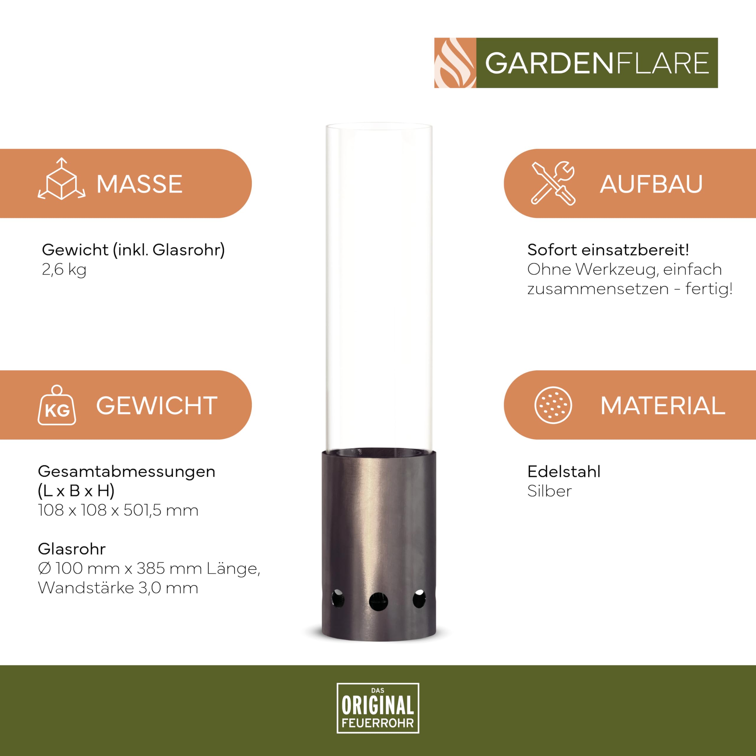 GARDENFLARE Tube à Feu – Colonne En Acier Inoxydable Et Torche à Granulés Pour Une Ambiance Chaleureuse – Alternative Élégante Au Chauffage De Terrasse Et Cheminée De Jardin