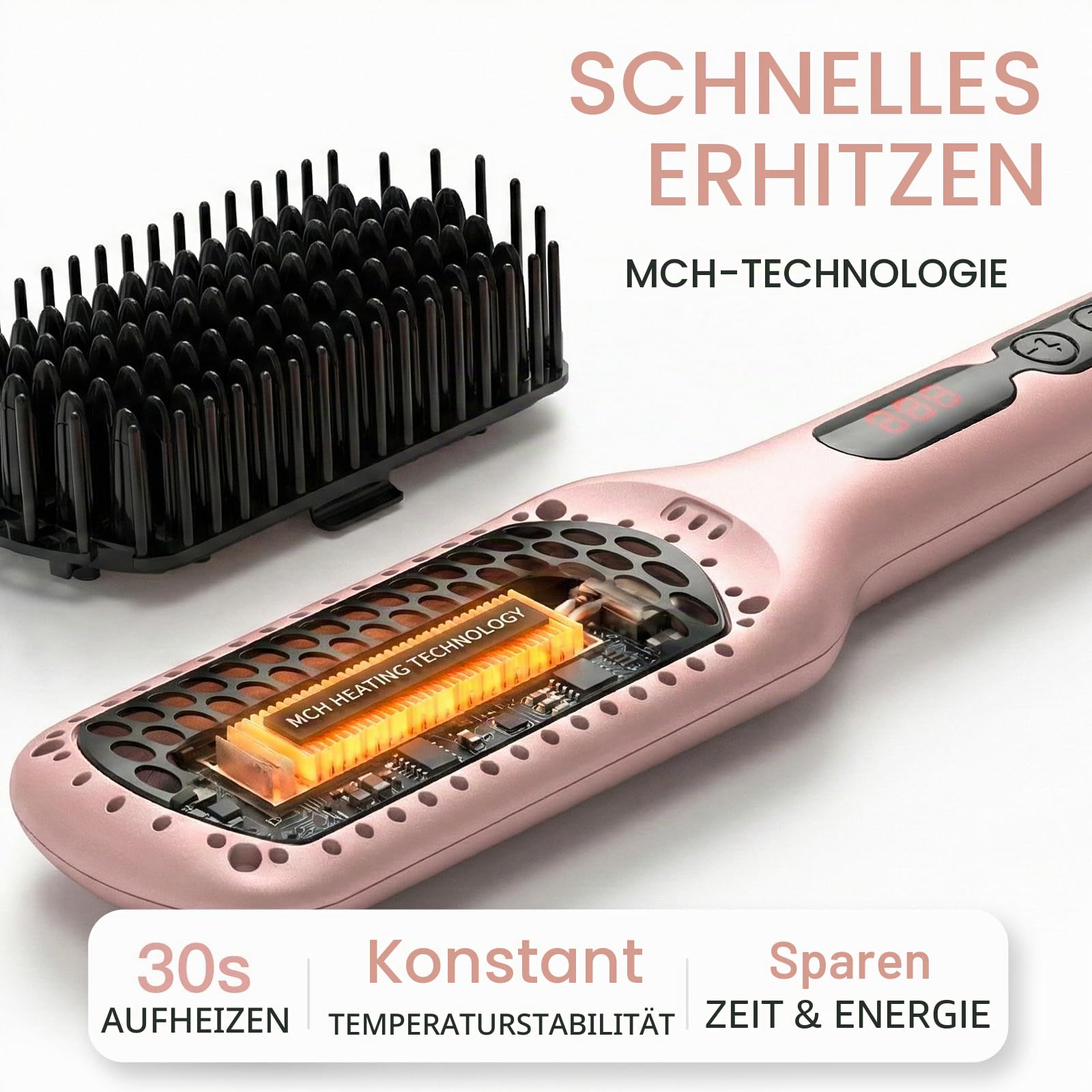MEGAWISE Glättbürste, elektrischer Haarglätter mit Ionisator, MCH-Heizelement, LED-Anzeige, Temperaturregelung, 100–240V, Auto-Abschaltung