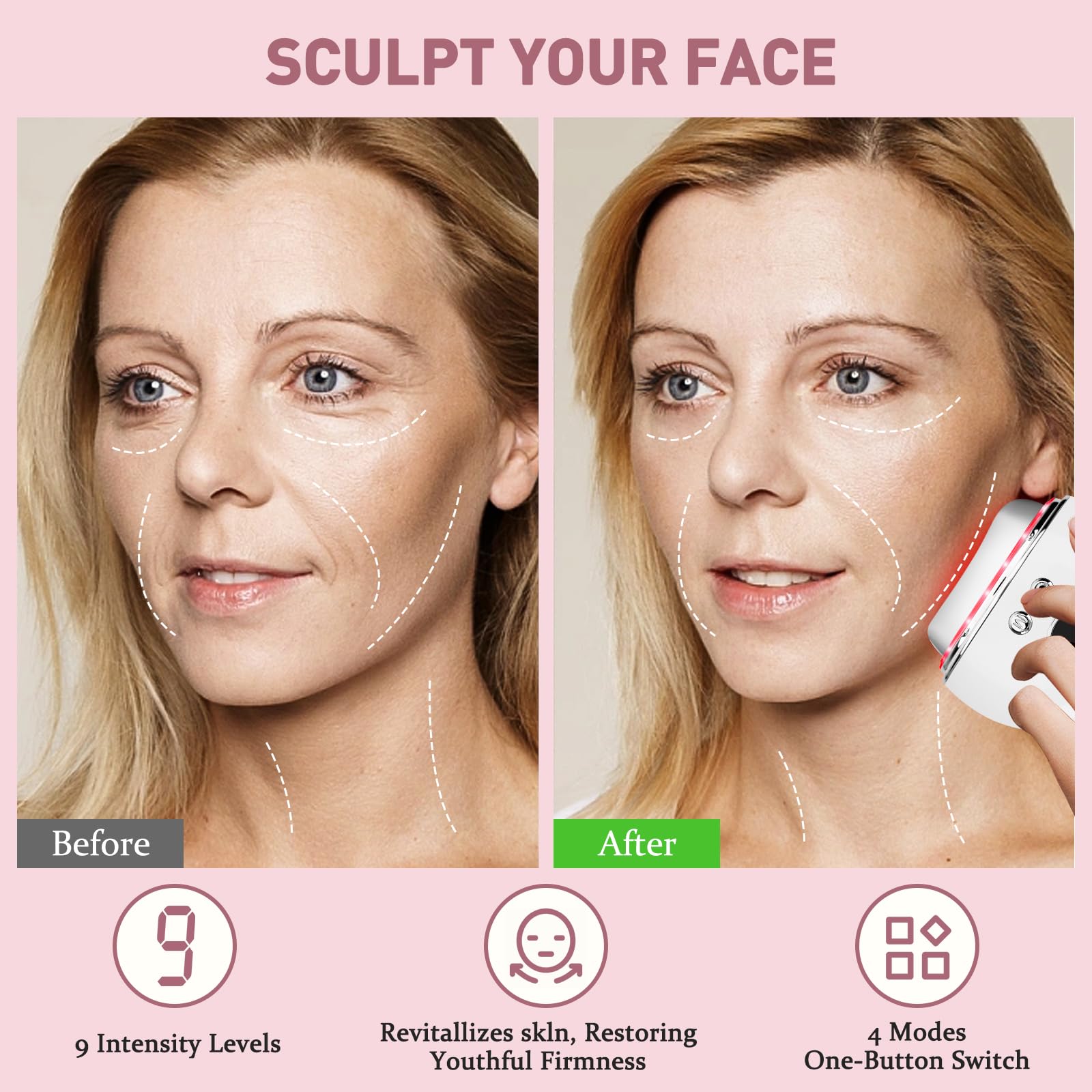 EMS Gua Sha urządzenie do masażu twarzy, 4 tryby, urządzenie zapobiegające zmarszczkom, niebieskie, fioletowe, czerwone światło do twarzy, zimne ciepło, urządzenie do masażu twarzy, 9 poziomów