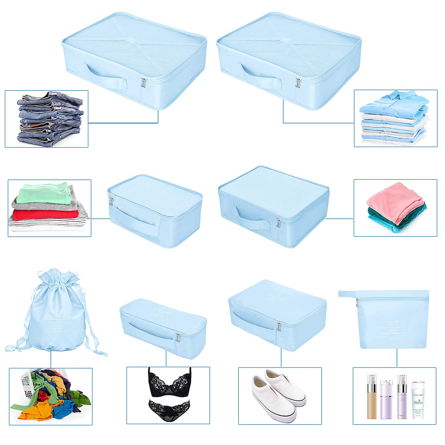 Organizer per valigie 8 pezzi ultimi viaggi organizzatori di viaggio di progettazione includono impermeabile sacchetto di stoccaggio scarpa sacchetti di compressione per il viaggia